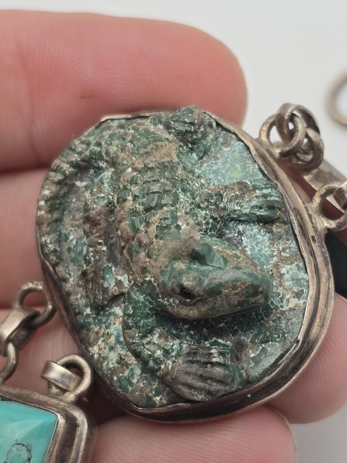 Sterling Silver Vintage Sterling Silver 925 Bracelet Carved Lizard Turquoise Size ONE SIZE - 6 Thumbnail