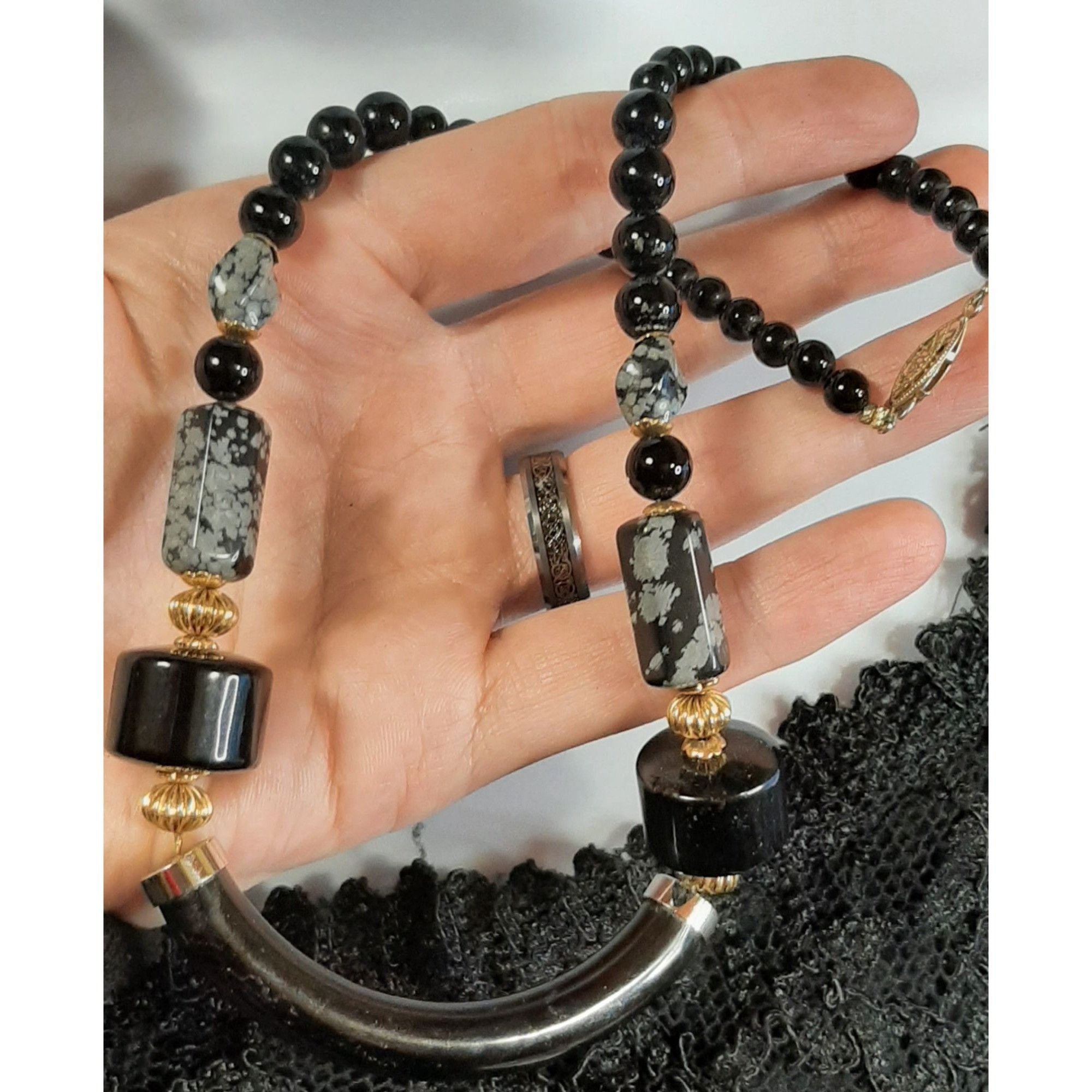 Other Vintage Black Lucite And Snowflake Obsidian Necklace Size ONE SIZE - 2 Thumbnail