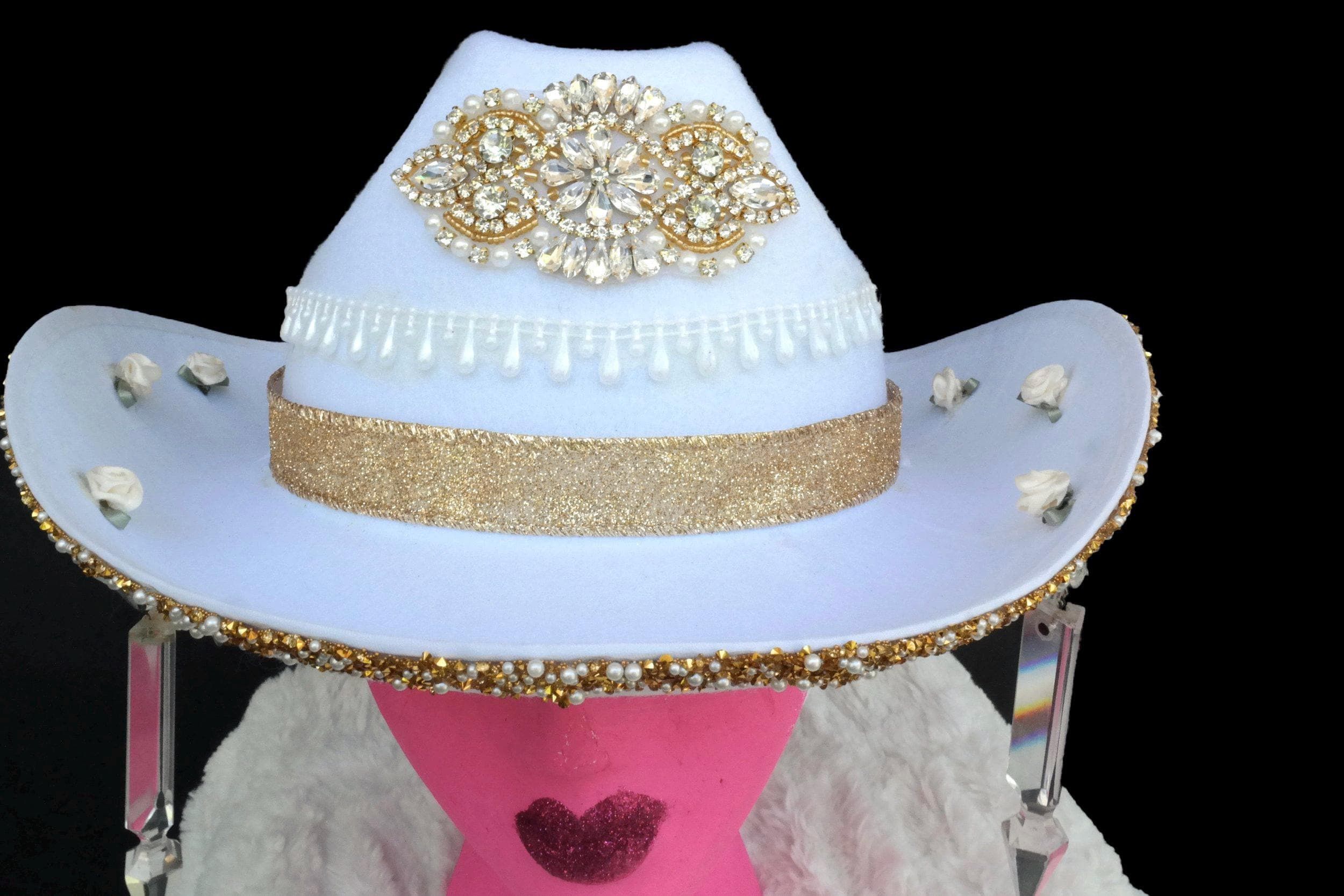 Handmade Gold & White Glass Hanging Cowgirl Hat Size ONE SIZE - 5 Thumbnail