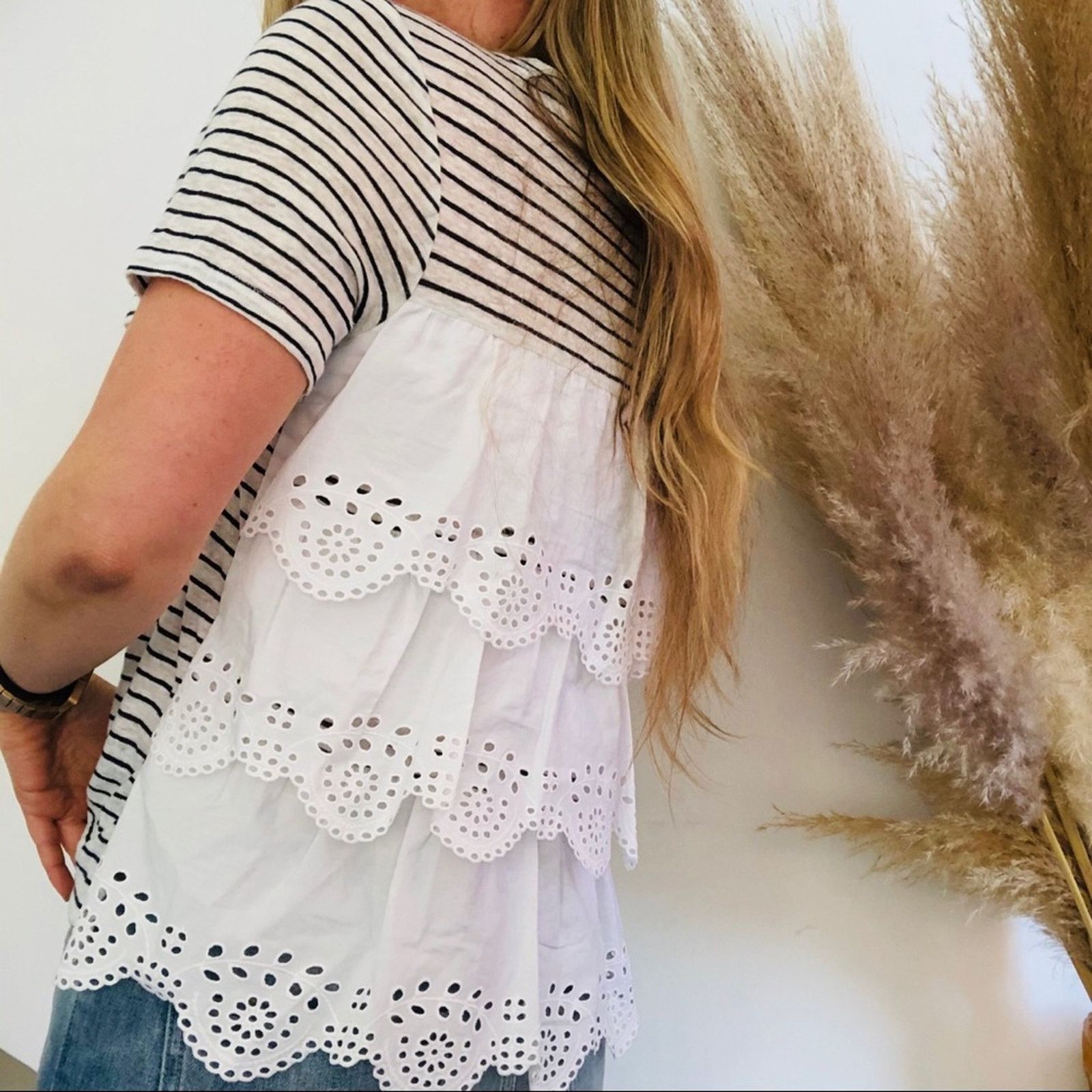 Joie JOIE White Blue Striped Ruffle Tiered Eyelet Lace Shirt Top Size S / US 4 / IT 40 - 4 Thumbnail