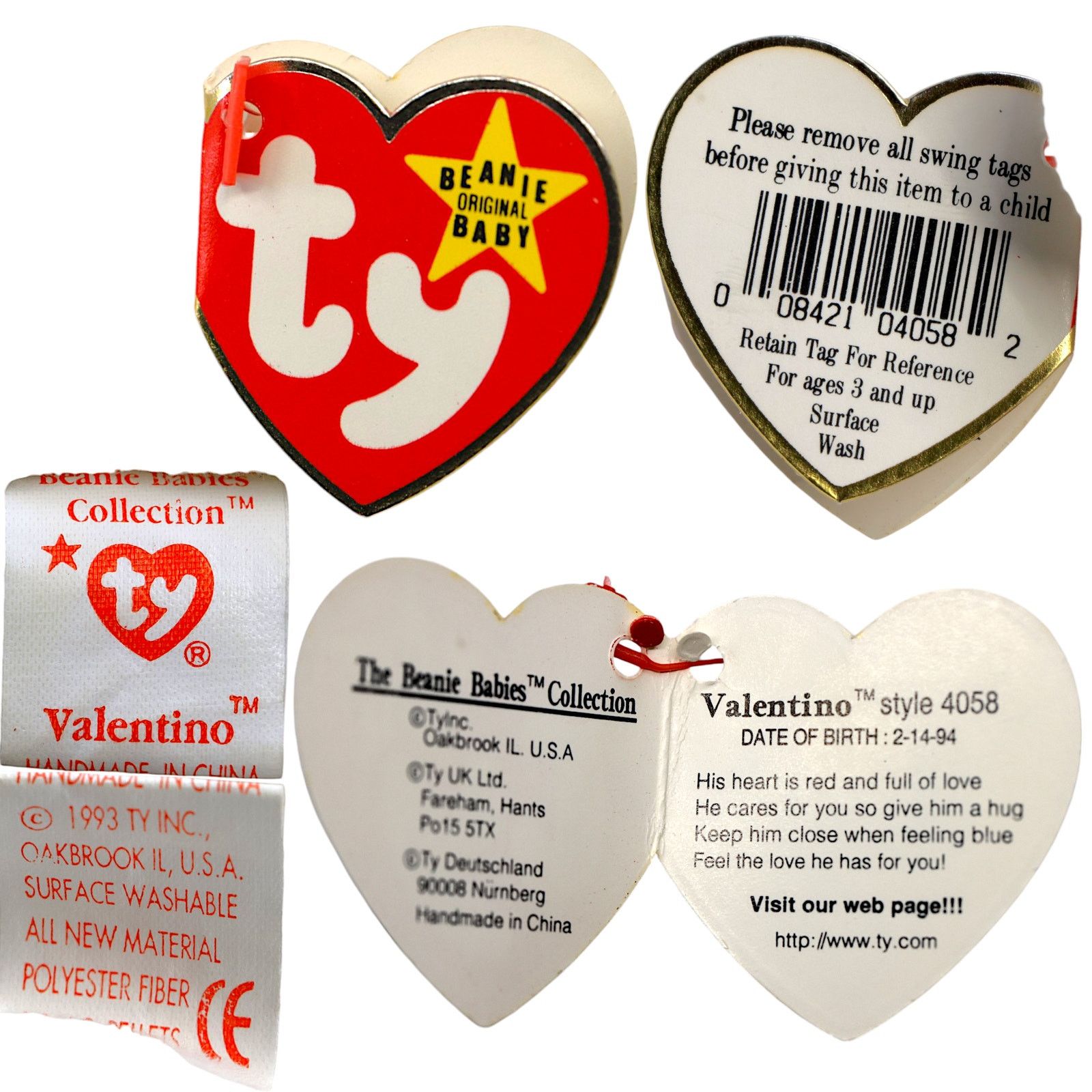 Vintage Ty Beanie Baby 1994 - Valentino the Bear Size ONE SIZE - 7 Thumbnail
