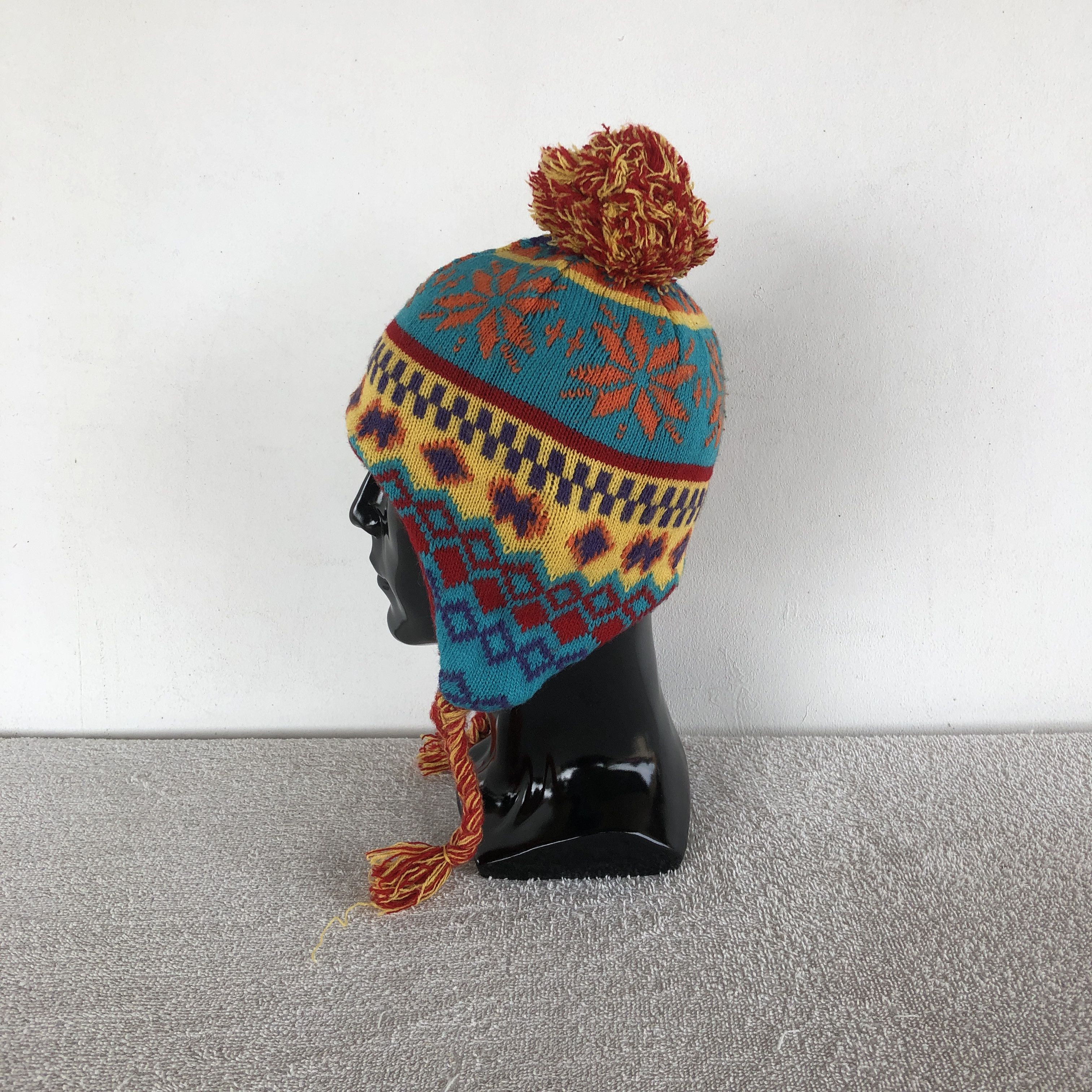 Japanese Brand × Other Vintage 90s Navajo Aztec Earflap Beanie Pom Snow Caps Hats Size ONE SIZE - 4 Thumbnail