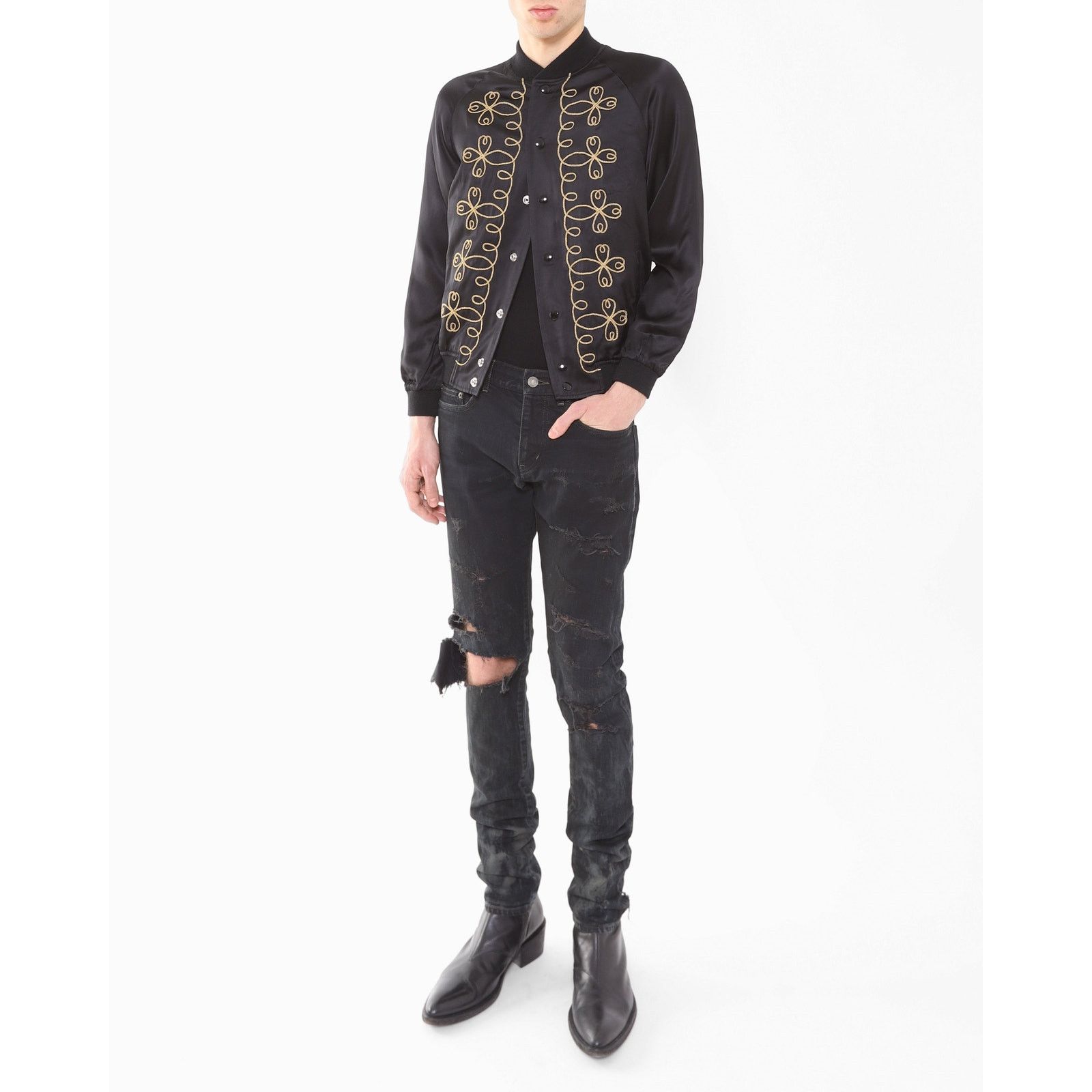 Saint Laurent Paris FW14 Crash Jeans in Black Oil Spill Denim Size US 29 - 2 Thumbnail