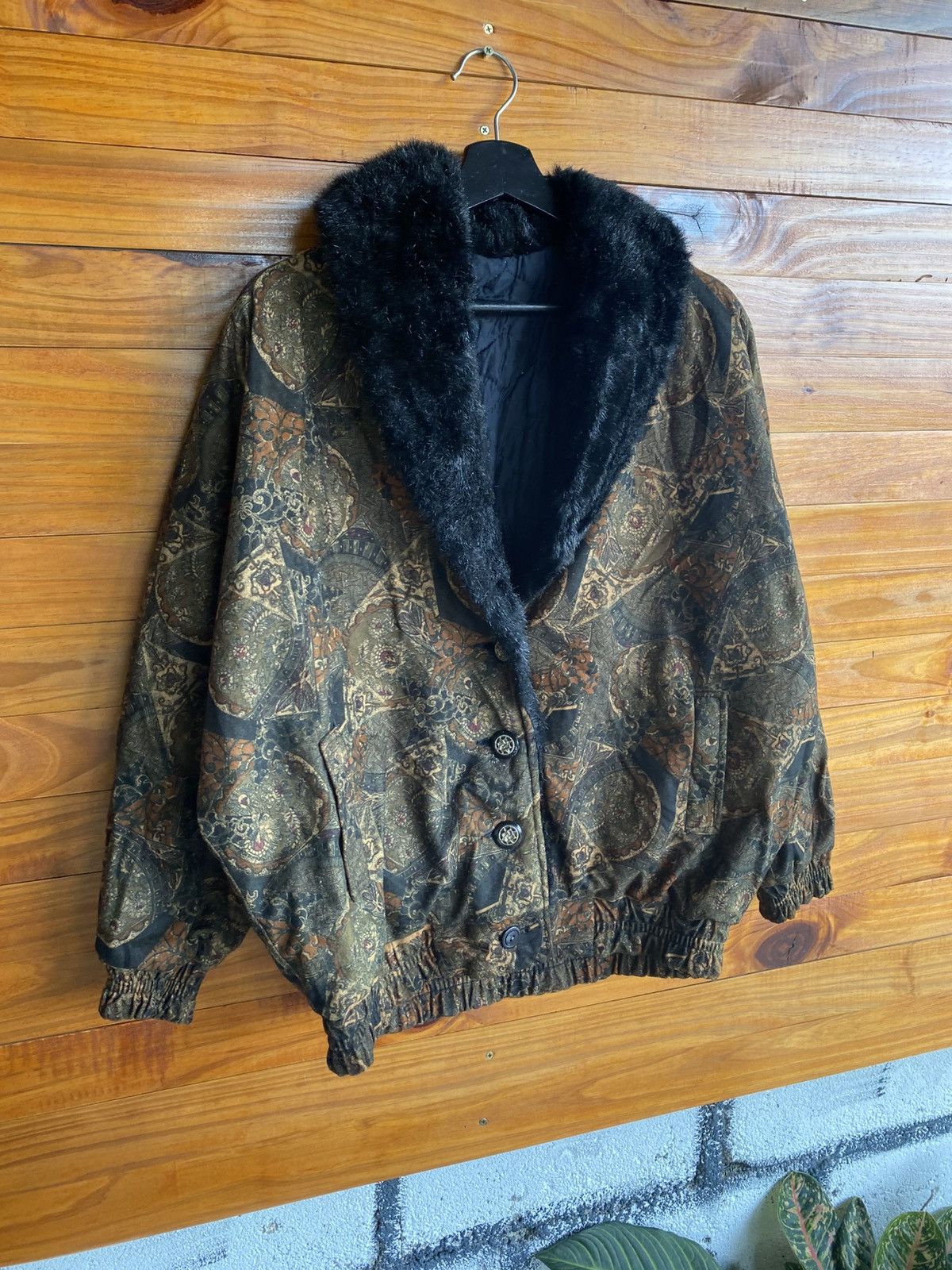 Vintage 1980s–1990s Baroque Pattern Bomber Jacket Faux Fur Collar Size L / US 10 / IT 46 - 5 Thumbnail