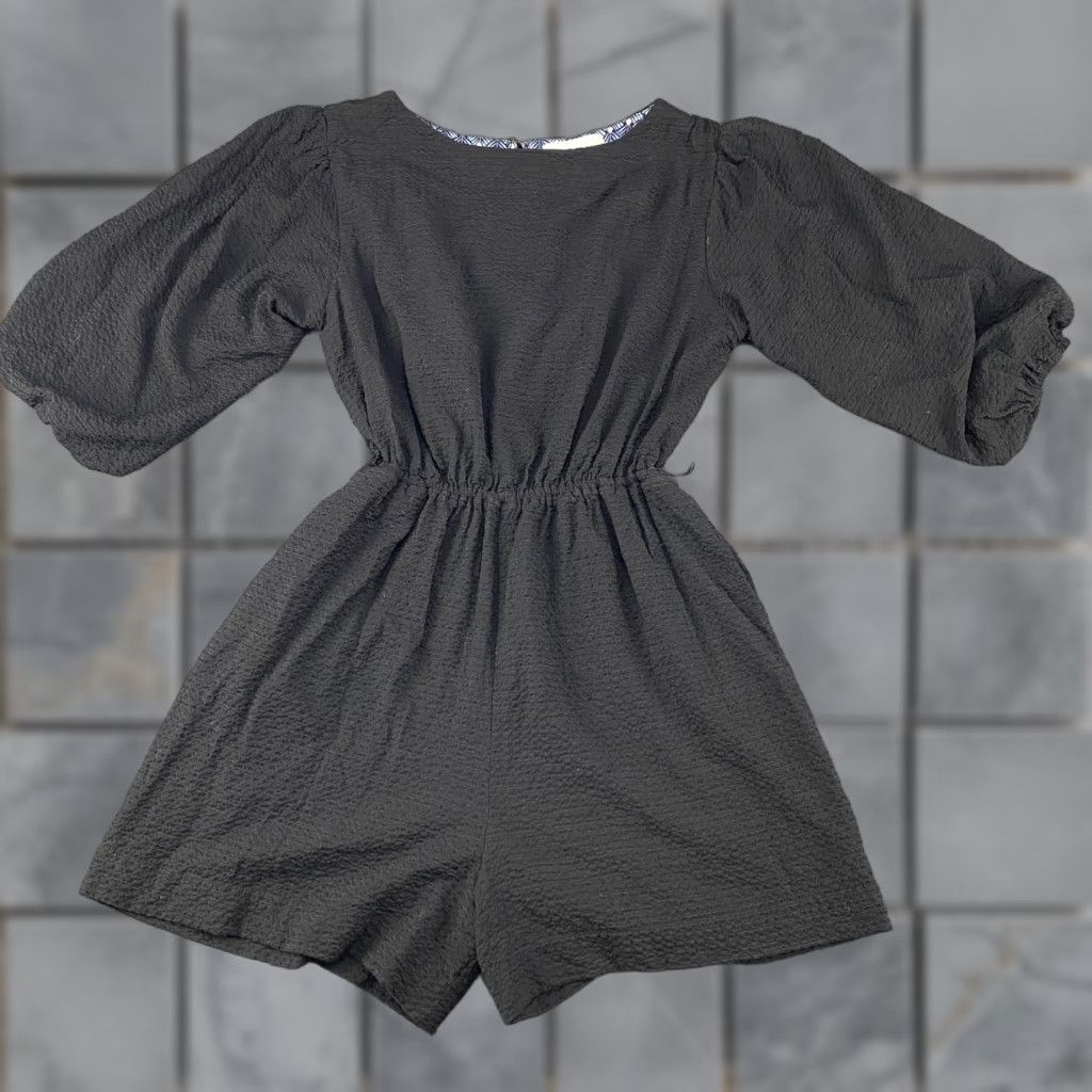 Anthropologie Anthropologie Romper Womens Small Black Textured Puff Sleeve Elastic Waist Boho Size 28" / US 6 / IT 42 - 1 Thumbnail