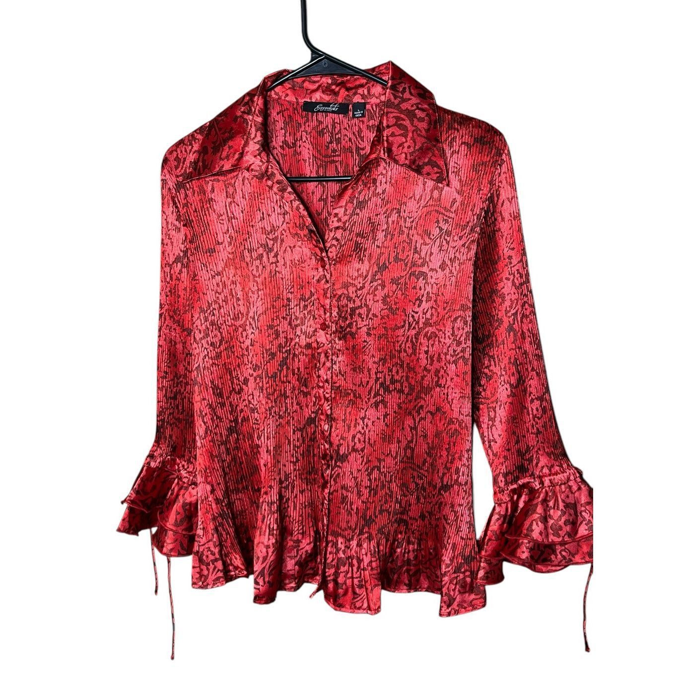 Other Vintage Essentials By Milano Red Crinkle Flare Sleeve Button Size L / US 10 / IT 46 - 1 Thumbnail