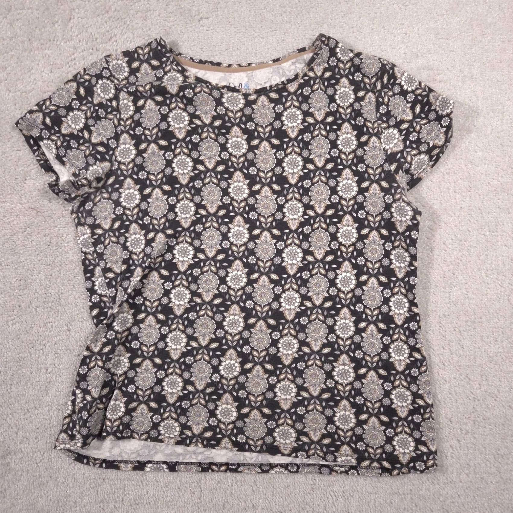 Croft & Barrow Croft & Barrow Shirt Womens Medium Black Floral Crew Neck Short Sleeve Tee Top Size M / US 6-8 / IT 42-44 - 2 Thumbnail