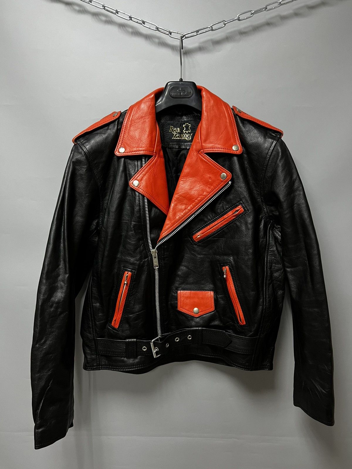 Vintage Real Leather Biker Jacket Black/Orange Size XL y2k