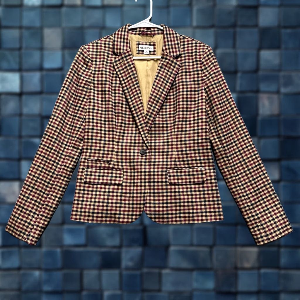 Merona Merona Blazer Womens 8 Maroon Beige Gingham Plaid One-Button Single-Breasted Jacket EUC Size M / US 6-8 / IT 42-44 - 1 Thumbnail