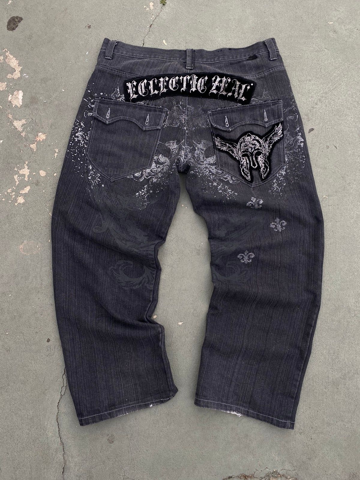 Pre-owned Affliction X Ed Hardy Crazy Vintage Y2k Raw Blue Baggy Skate Grunge Glitter Pants In Black