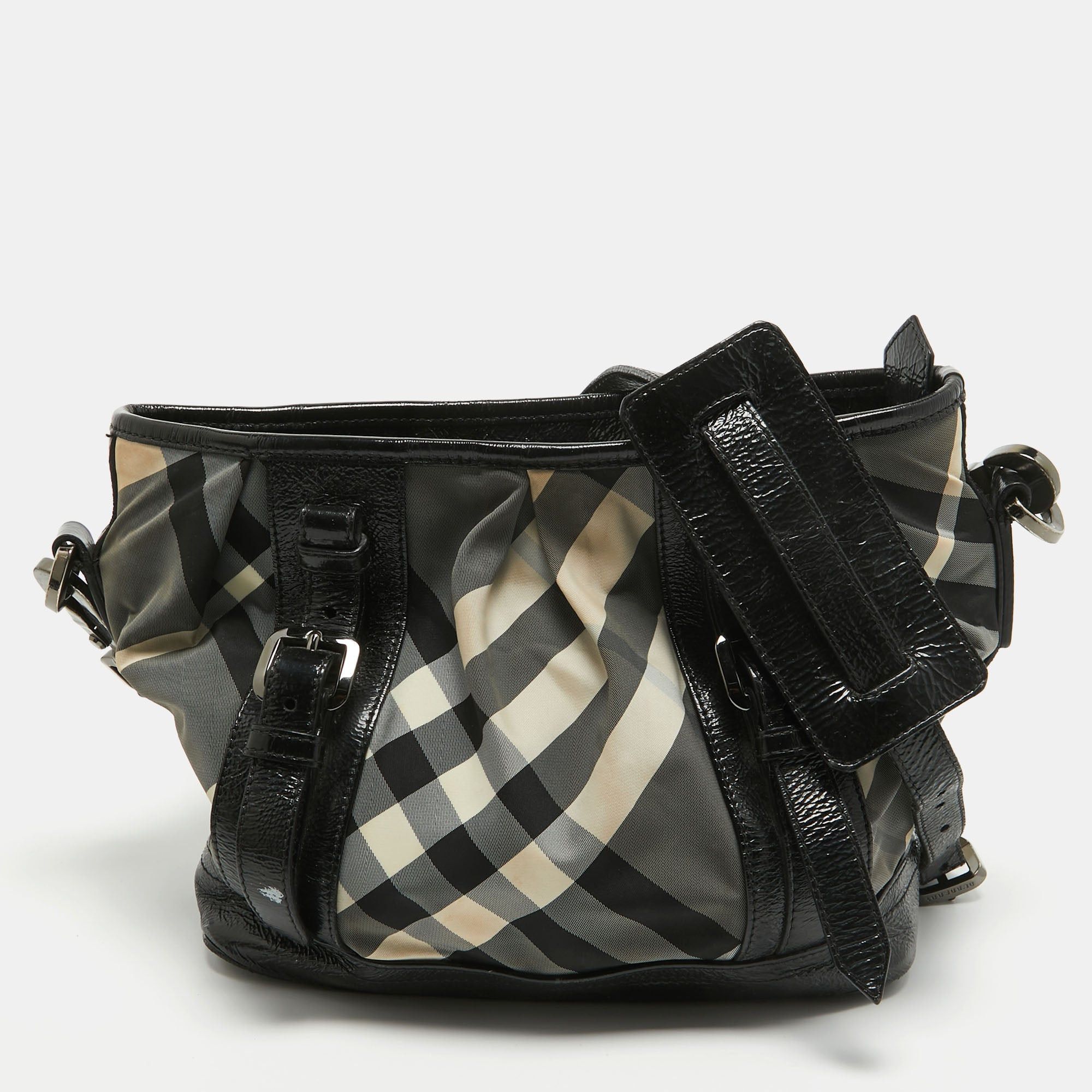 image of Burberry Black/white Beat Check Nylon And Patent Leather Lowry Shoulder Bag, Women's