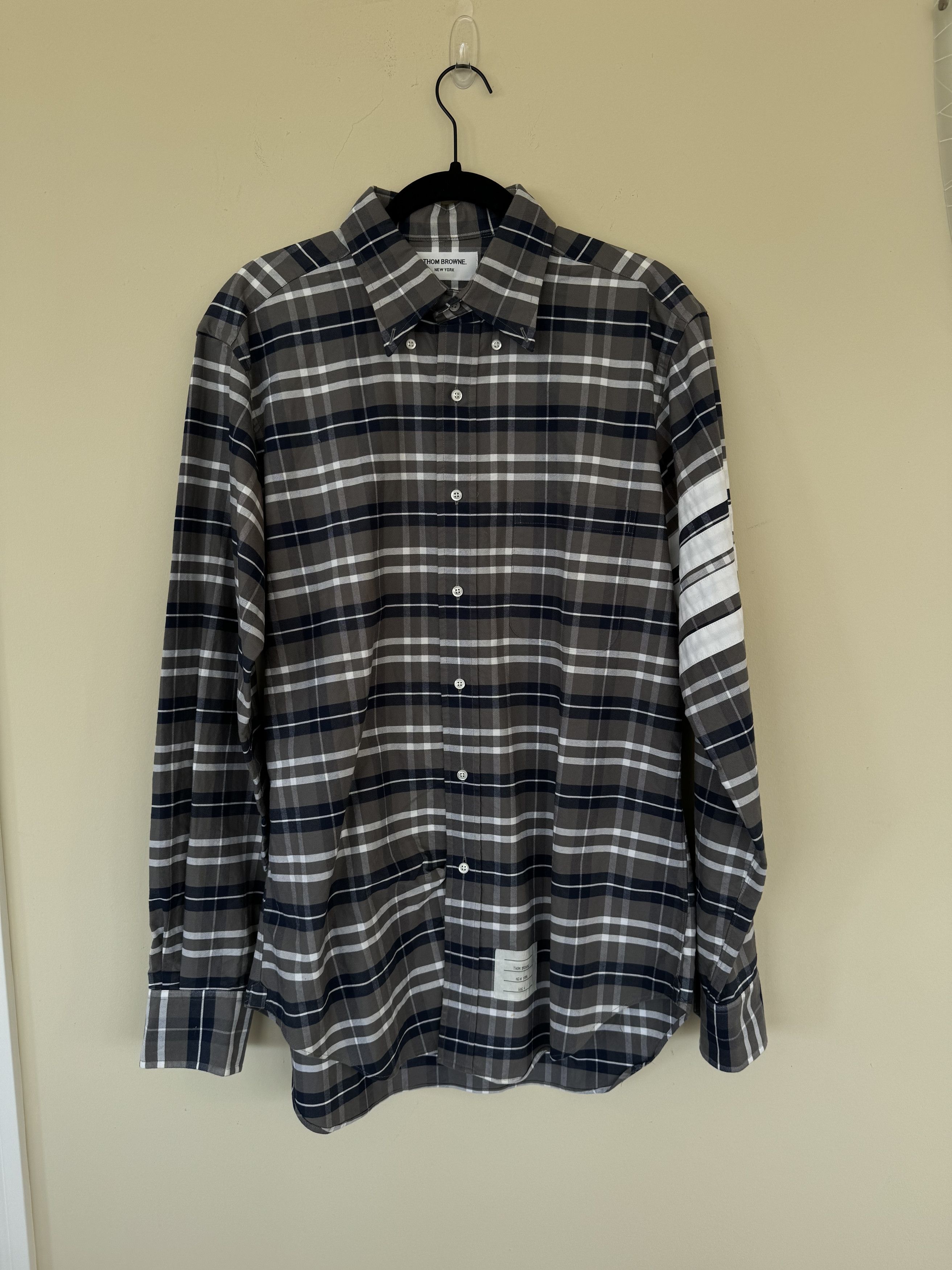 image of Thom Browne Plaid / Striped Button Down in Grey, Men's (Size XL)