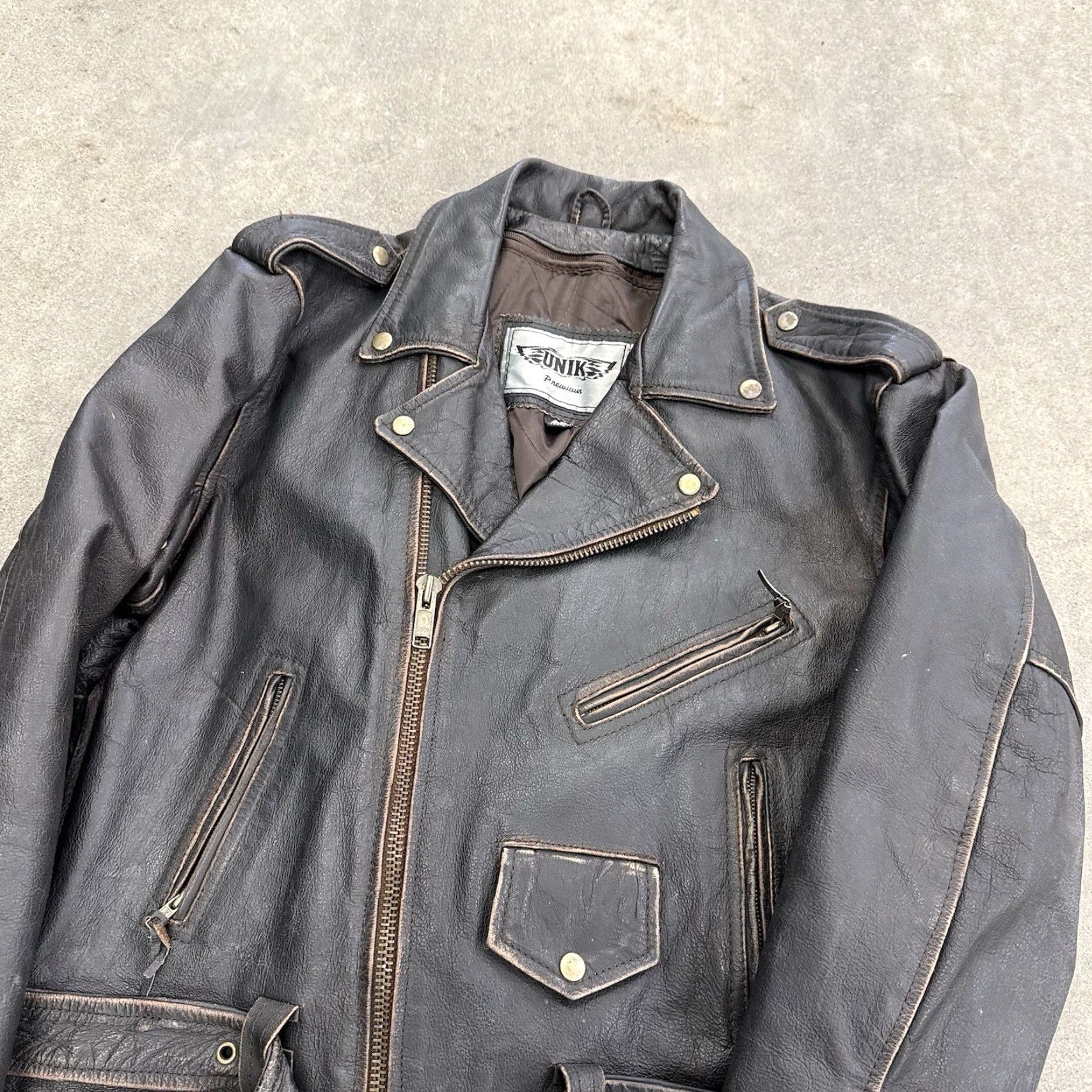 Vintage Unik Premium Brown Distressed Leather Motorcycle Biker Rocker Jacket Mens 46 Size US S / EU 44-46 / 1 - 4 Thumbnail