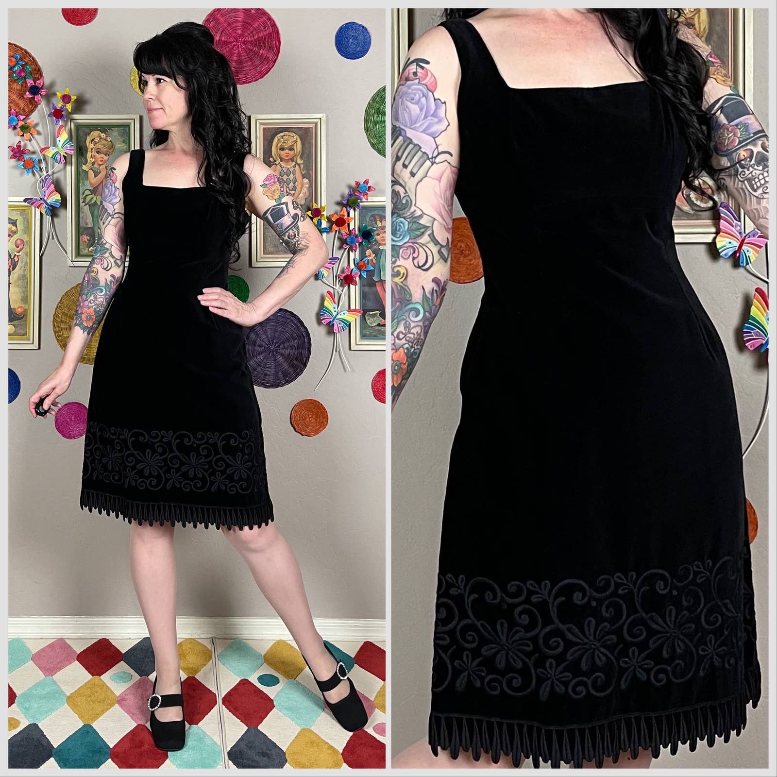 Image of Vintage 1960S Embroidered Black Velvet Sleeveless Minidress, Women's (Size Small)