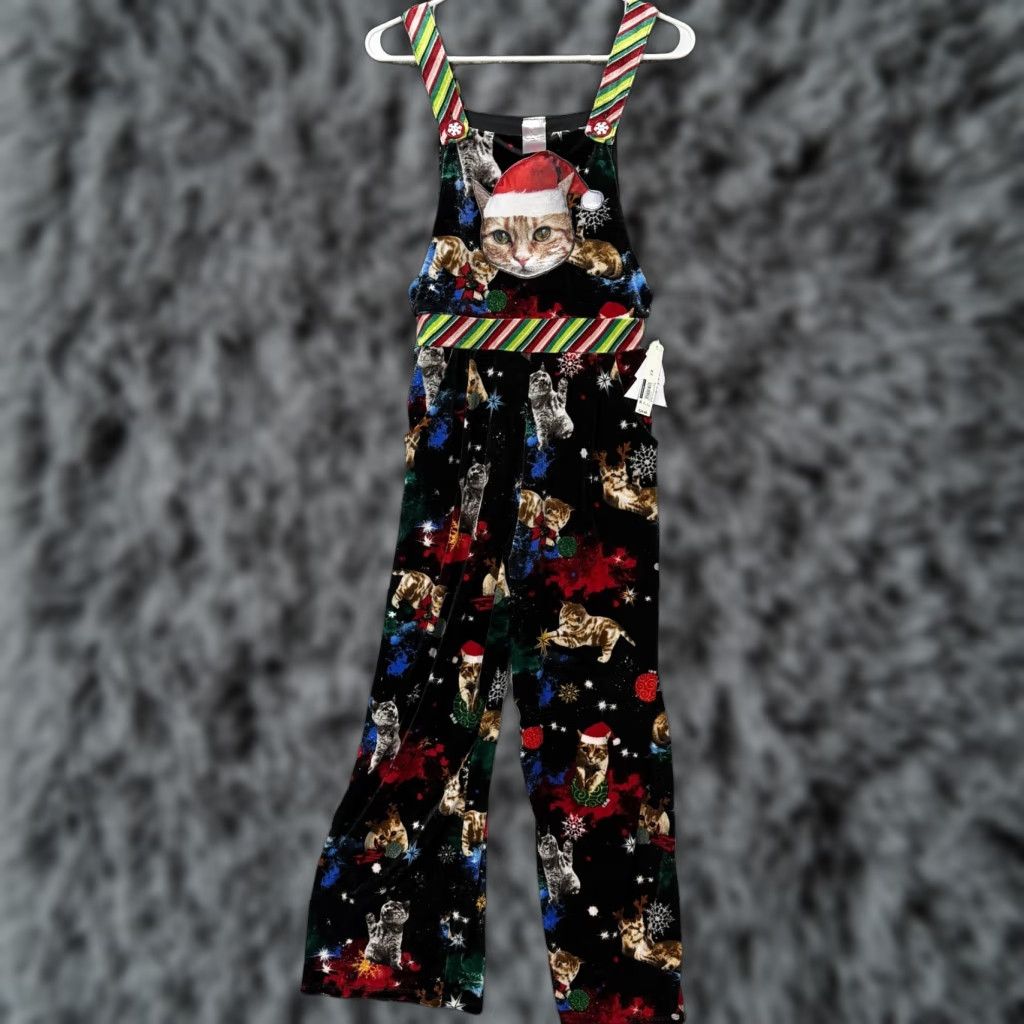 Vintage No Boundaries Jumpsuit Womens XS Black Cat Santa Velour Christmas Kitsch NWT Size 26" / US 2 / IT 38 - 1 Thumbnail