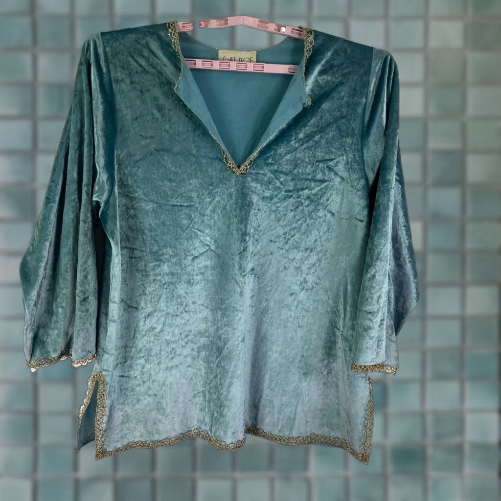 Vintage Vintage Bill Tice Velvet Tunic Top Womens XL Blue Shirt Embellished 1980s Boho Made in USA Size L / US 10 / IT 46 - 1 Thumbnail