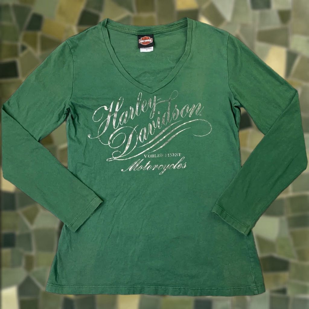 Harley Davidson Harley-Davidson Womens Medium Green V-Neck Long Sleeve T-Shirt Size M / US 6-8 / IT 42-44 - 1 Thumbnail