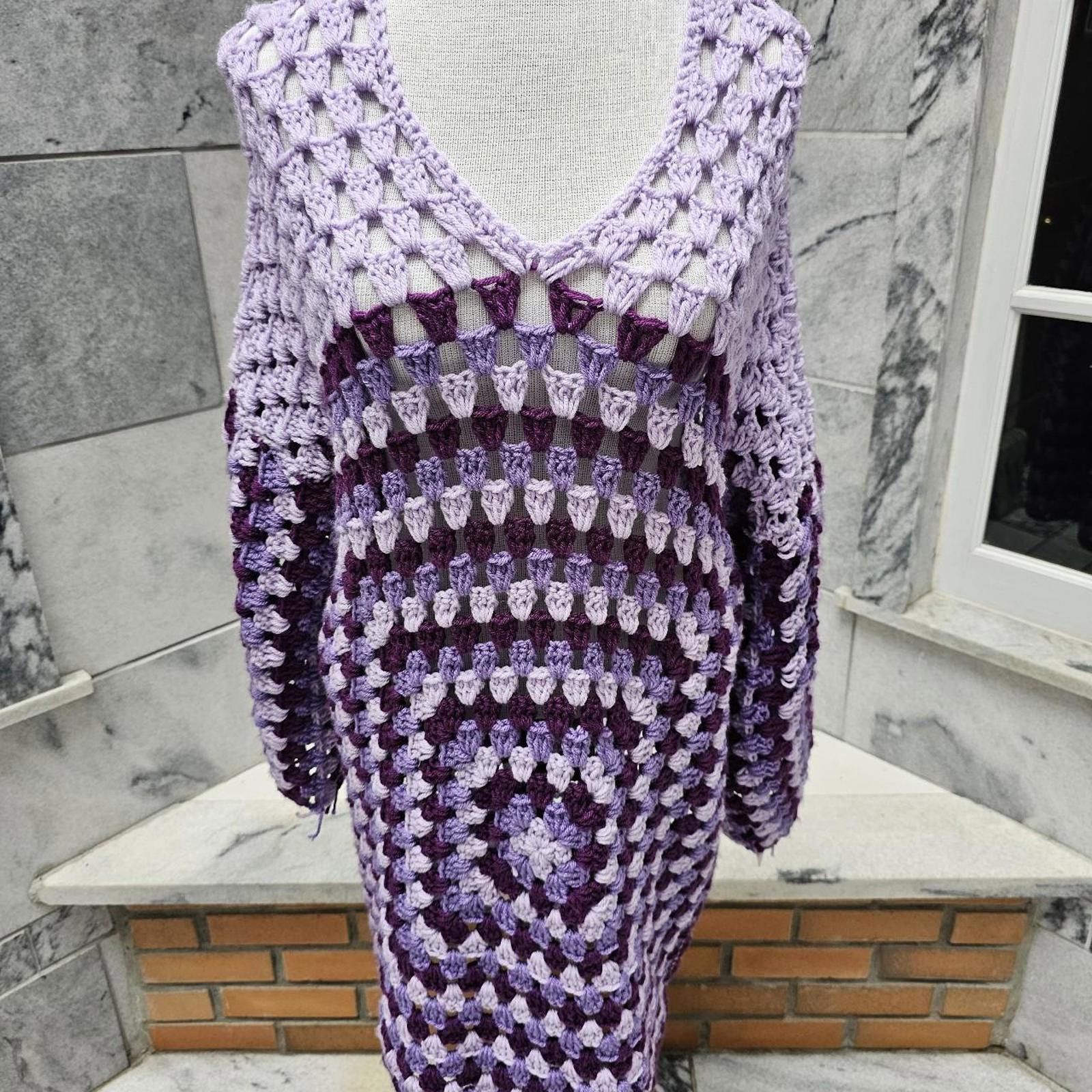 Other Women's Purple Handmade Crochet Sweater Dress Size ONE SIZE - 2 Thumbnail