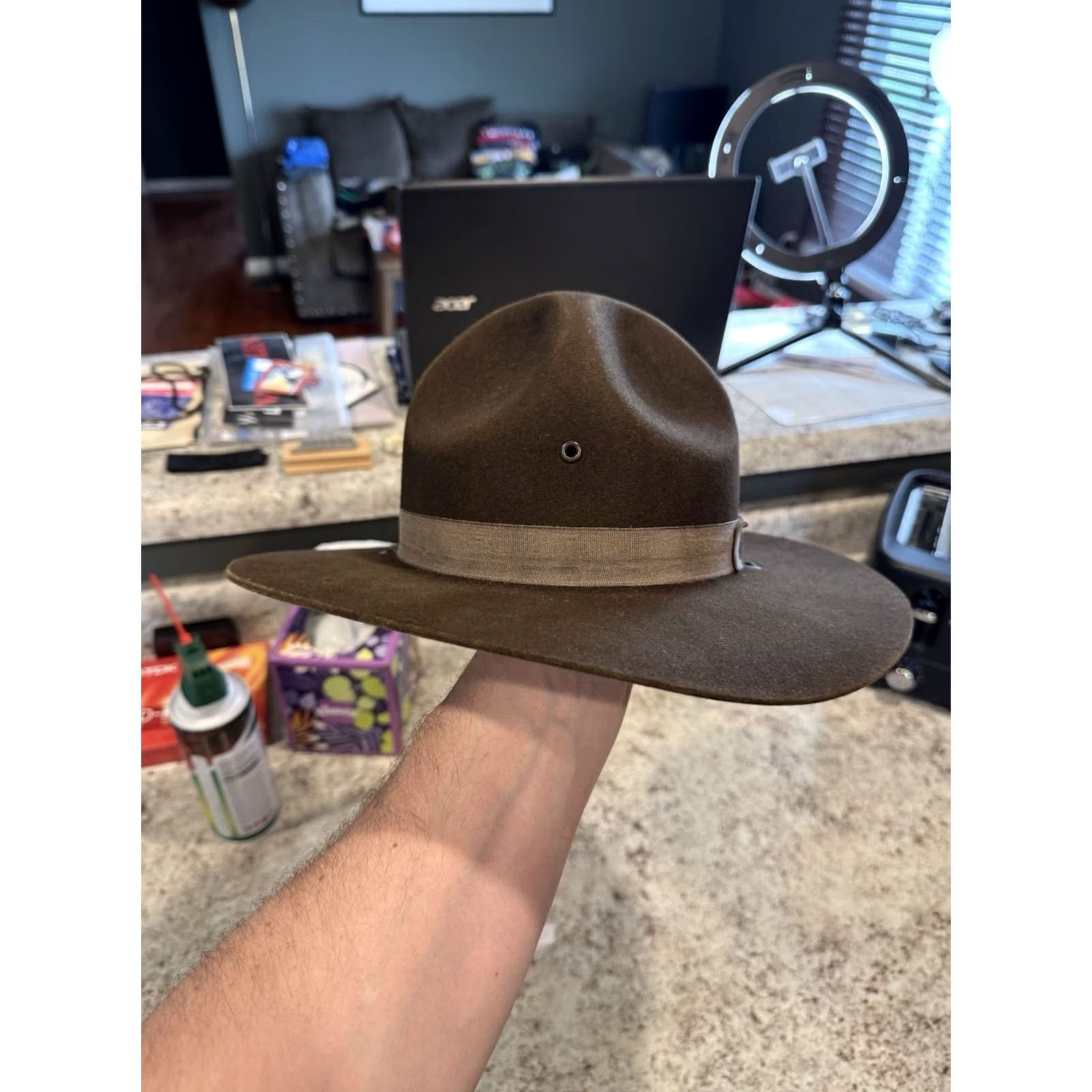 FELT VINTAGE Stratton USA Campaign Hat Wool Felt 7 Men Brown Wide Brim Self Forming Drill Sergeant Instructor Size ONE SIZE - 3 Thumbnail