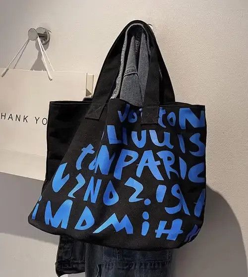 Fashion Graphic Canvas Tote Bag Shoulder Bag in Black, Men's