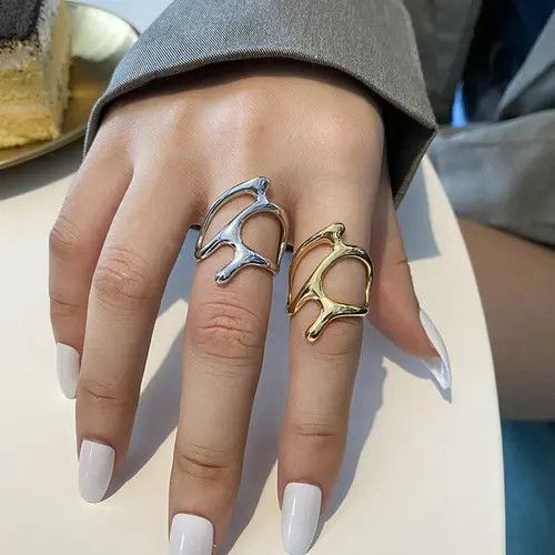 Jewelry Liquid Metal Chunky Hollow Open Adjustable Set Of Rings Size ONE SIZE - 4 Thumbnail