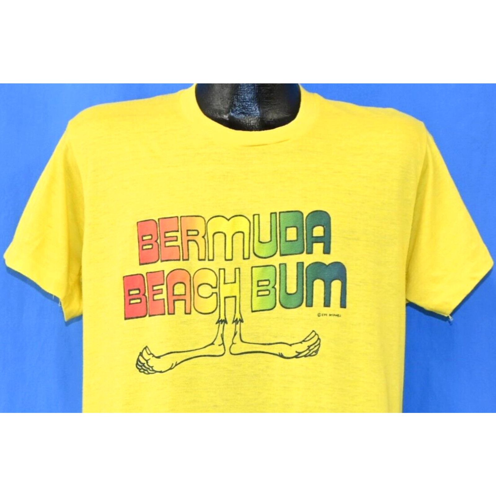 image of Vintage 70's Bermuda Beach Bum Rainbow Barefoot Travel T-Shirt Large L in White, Men's