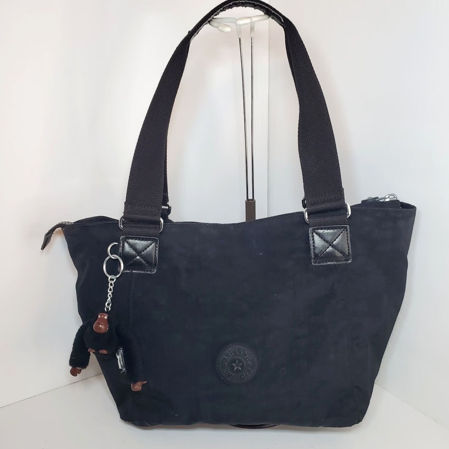 Vintage Kipling Black Nylon Shoulder Bag Tote Women Medium Zip Closure Monkey Charm Black Leather Polyester Interior Pockets 12in x 7in x 10in"} Size M / US 6-8 / IT 42-44 - 2 Thumbnail