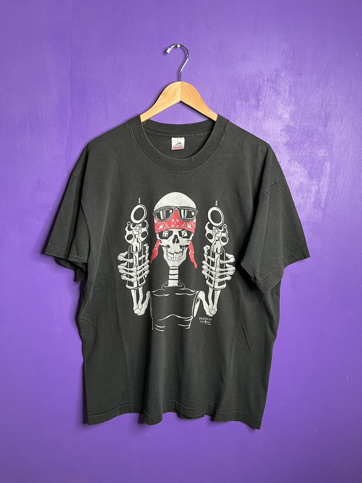 image of Vintage 1992 Fashion Victim Biker Skeleton T-Shirt in Black, Men's (Size XL)