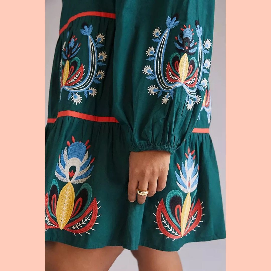 Anthropologie × Designer Anthropologie Let Me Be Embroidered Tunic Dress Green chic Size XS / US 0-2 / IT 36-38 - 8 Thumbnail