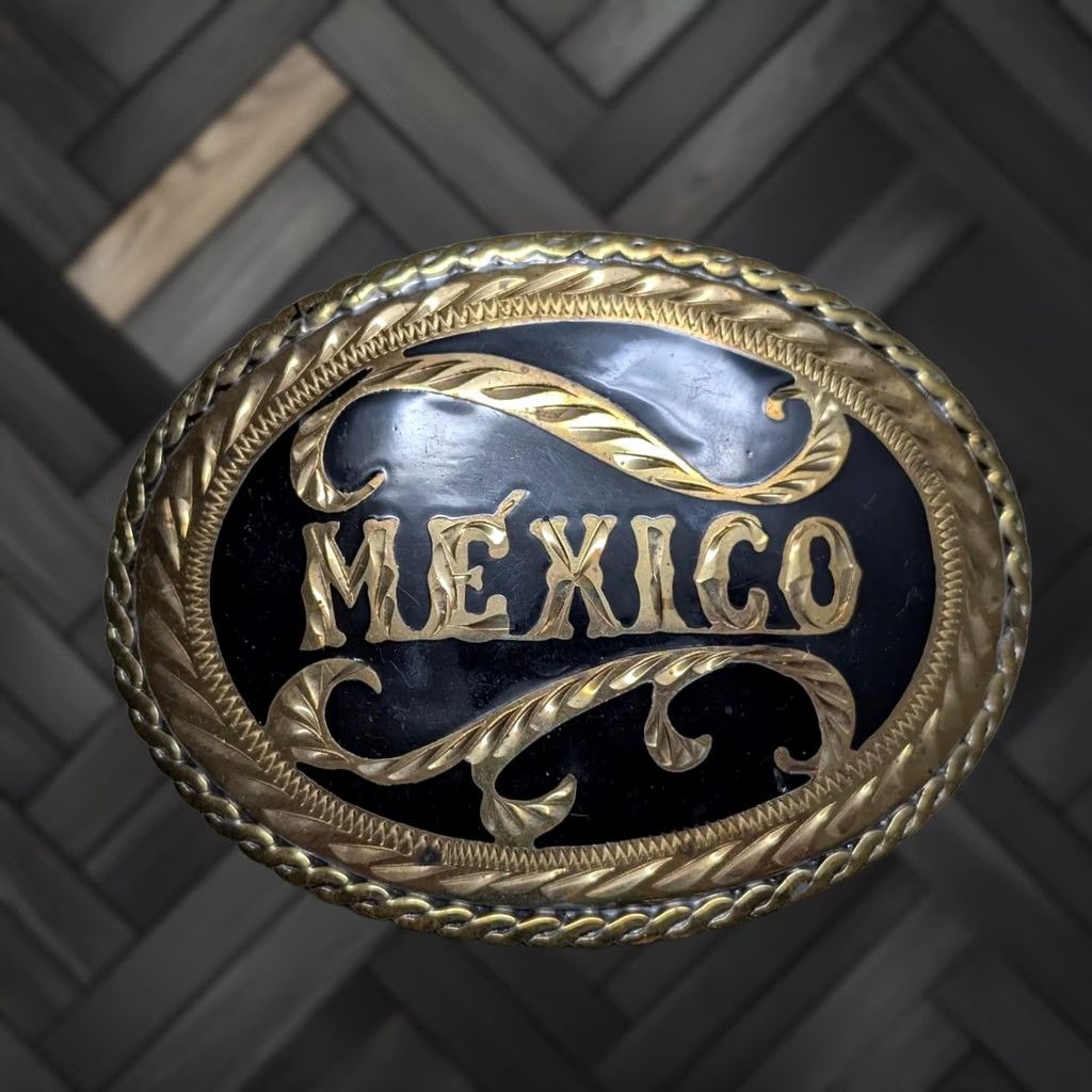 Vintage VINTAGE MEXICO belt buckle WESTERN handcrafted COWBOY german silver RODEO Men Belt Buckle Gold Black 3" x 4" XS? Size ONE SIZE - 1 Thumbnail
