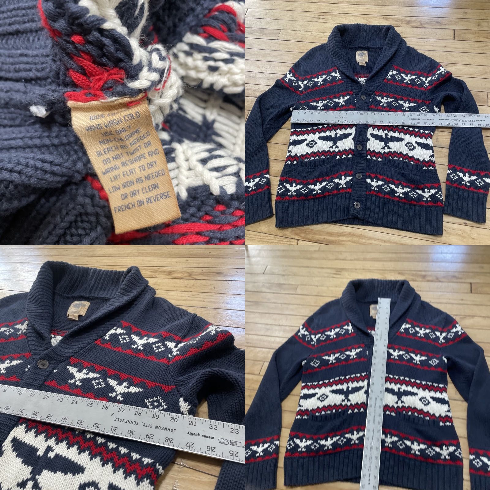 Vintage Salt Valley Cardigan Sweater L Blue Red White Cotton Knit Shawl Collar Casual Mens 90s Lebowski Aztec Fair Isle Pockets Size US L / EU 52-54 / 3 - 8 Thumbnail