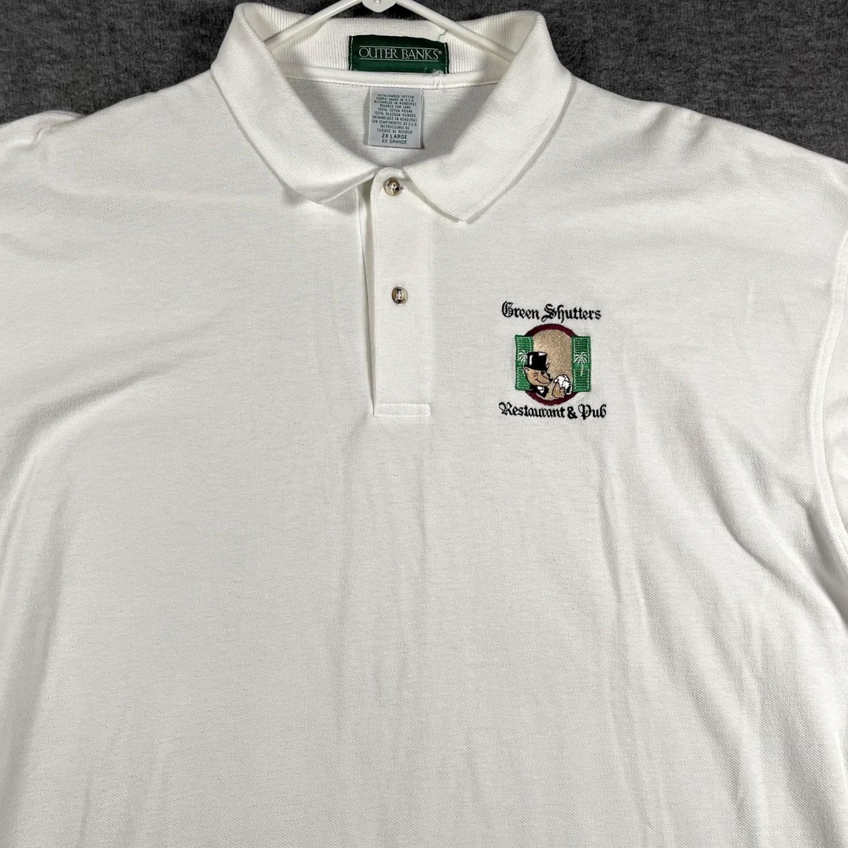 Vintage Outer Banks Polo Shirt Mens 2XL White Solid Embroidered Green Shutters Restaurant Pub Logo Polo Shirt Mens 2XL White Green Shutters Embroidered Size US XXL / EU 58 / 5 - 2 Thumbnail