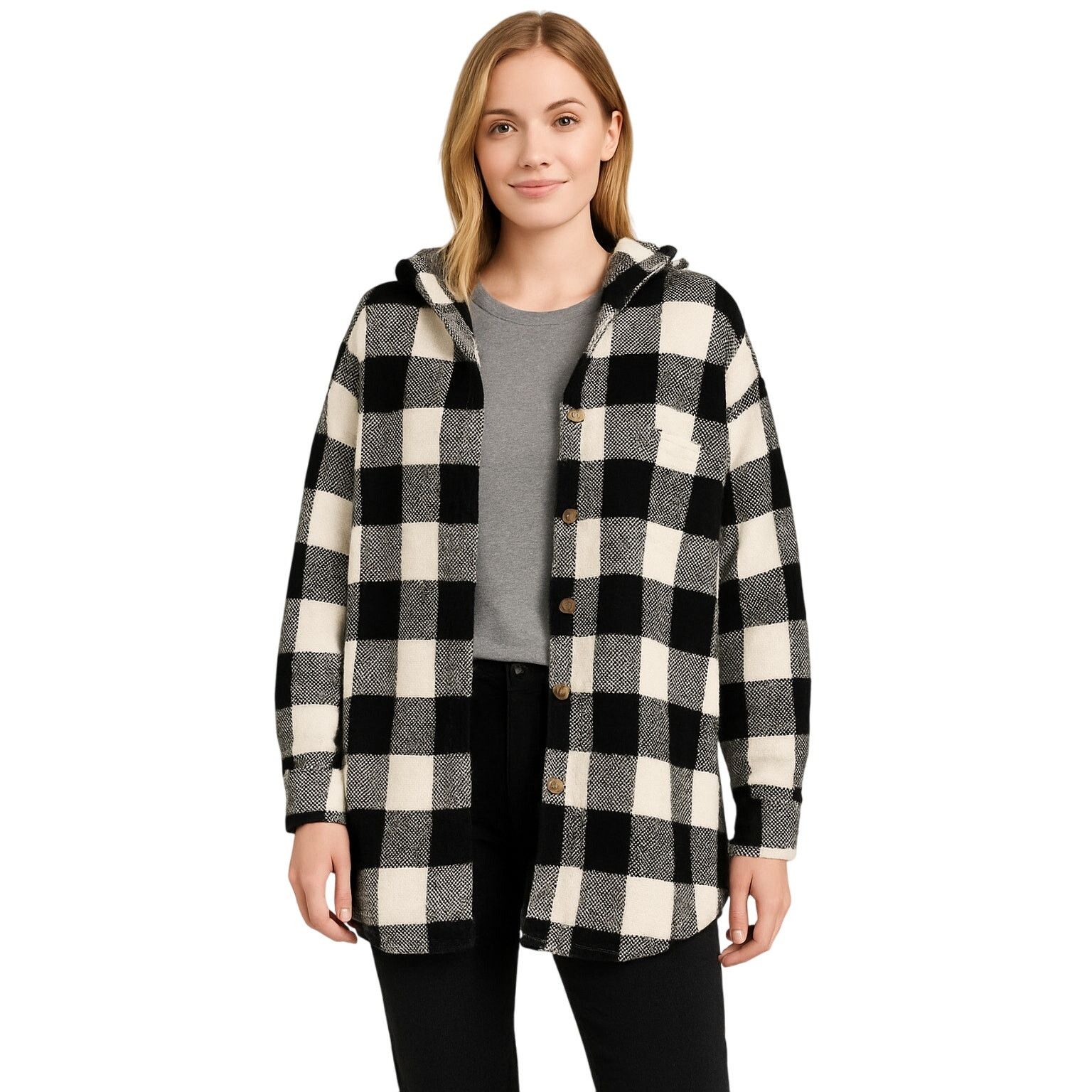 Other Hooded Oversized Shacket Jacket Black White Plaid Women’s S Size S / US 4 / IT 40 - 2 Thumbnail