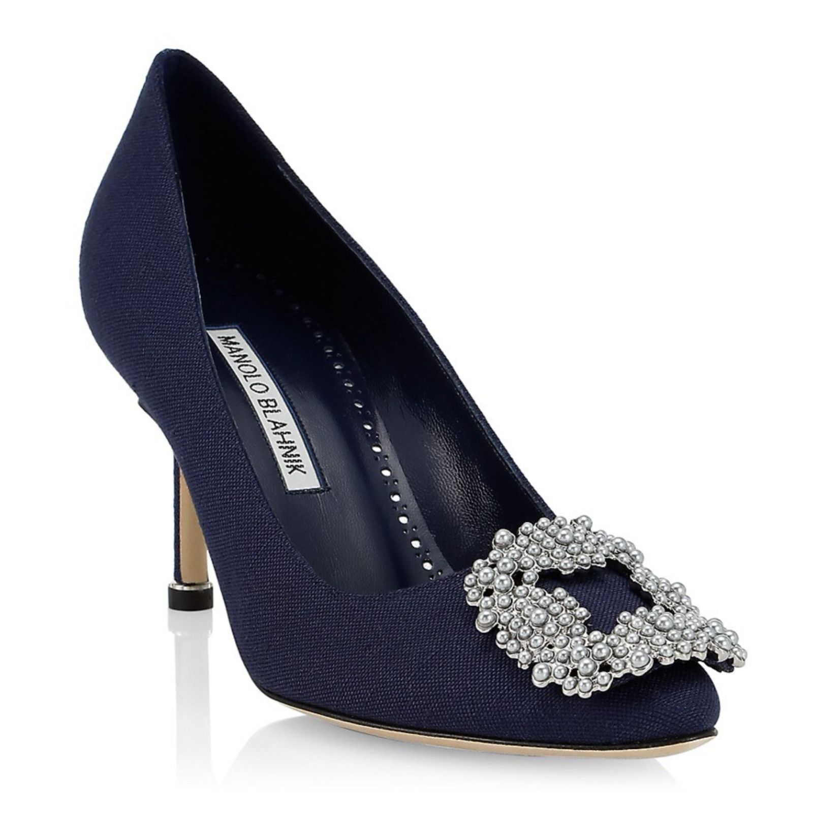 Manolo Blahnik Hangisi 70 Navy Linen Pearl Jewel Buckle Low Heel Pump 39 Size US 9 / IT 39 - 1 Thumbnail
