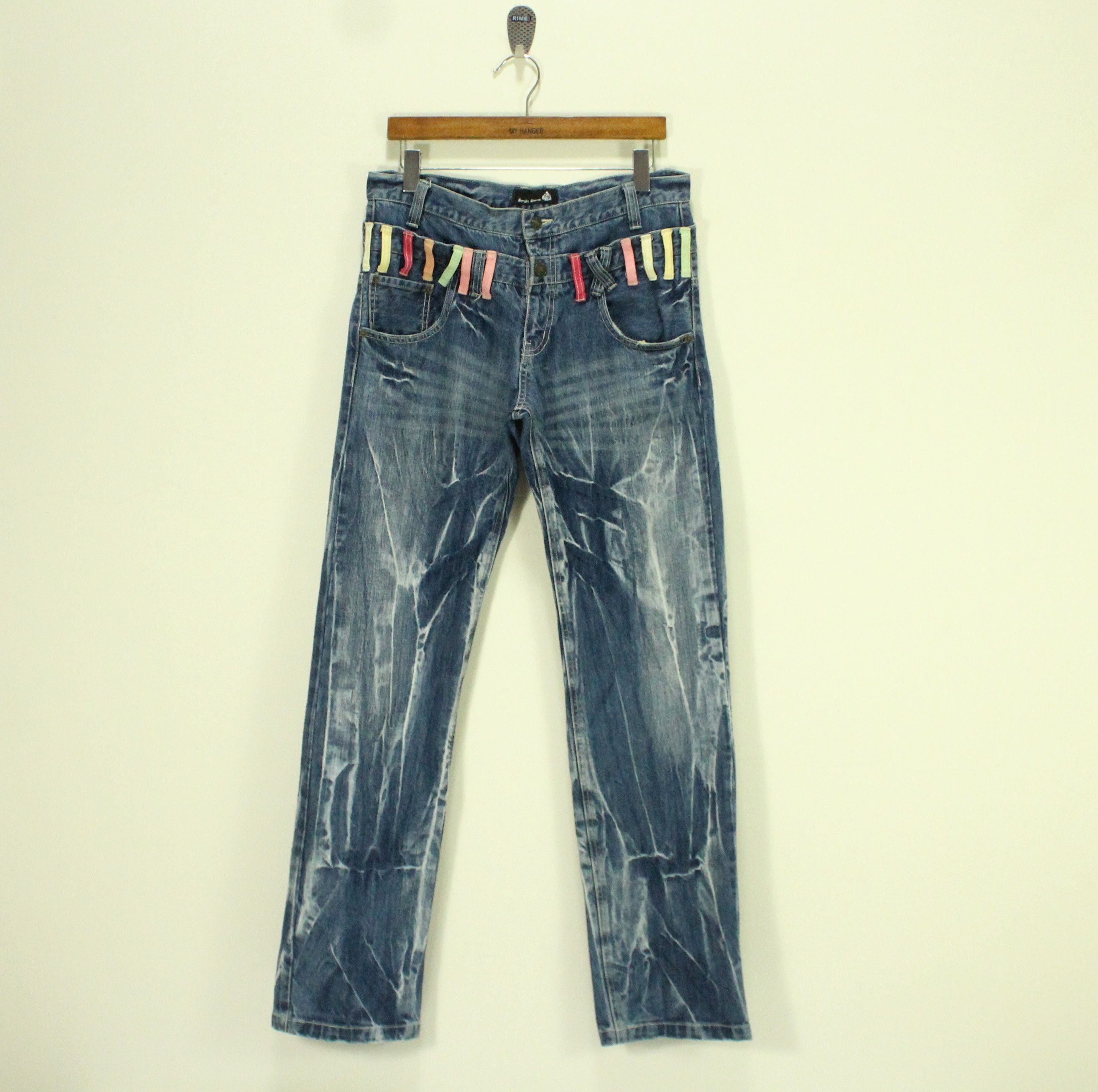 Japanese Brand Double Waist JUNGLE STORM Denim Marble Whisker Acid Washed Size US 33 - 3 Thumbnail
