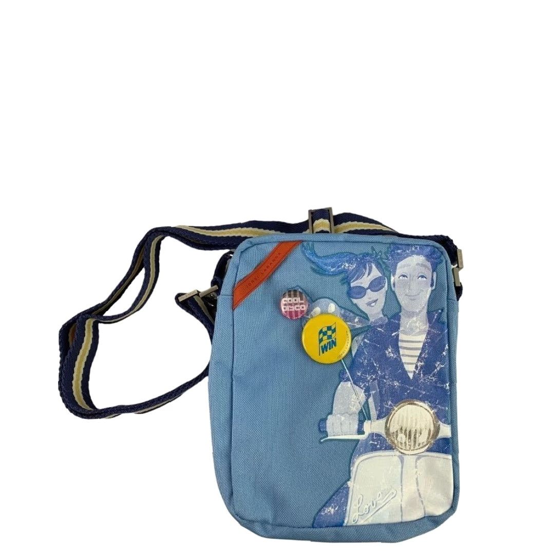 Vintage Jordi Labanda School Chic Blue Hipster Bag Miquelrius Pins Crossbody Canvas 7"l 8"h 2"d Adjustable to 22" Women Size ONE SIZE - 2 Thumbnail