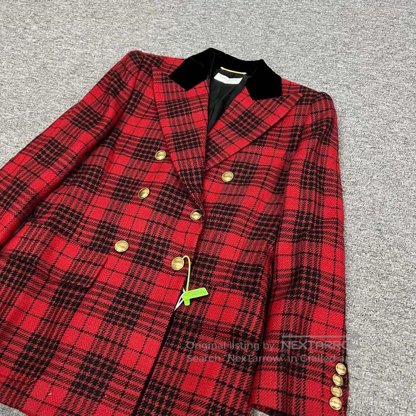 Saint Laurent Paris Saint Laurent Red Plaid Velvet Collar Blazer. Size XS / US 0-2 / IT 36-38 - 3 Thumbnail
