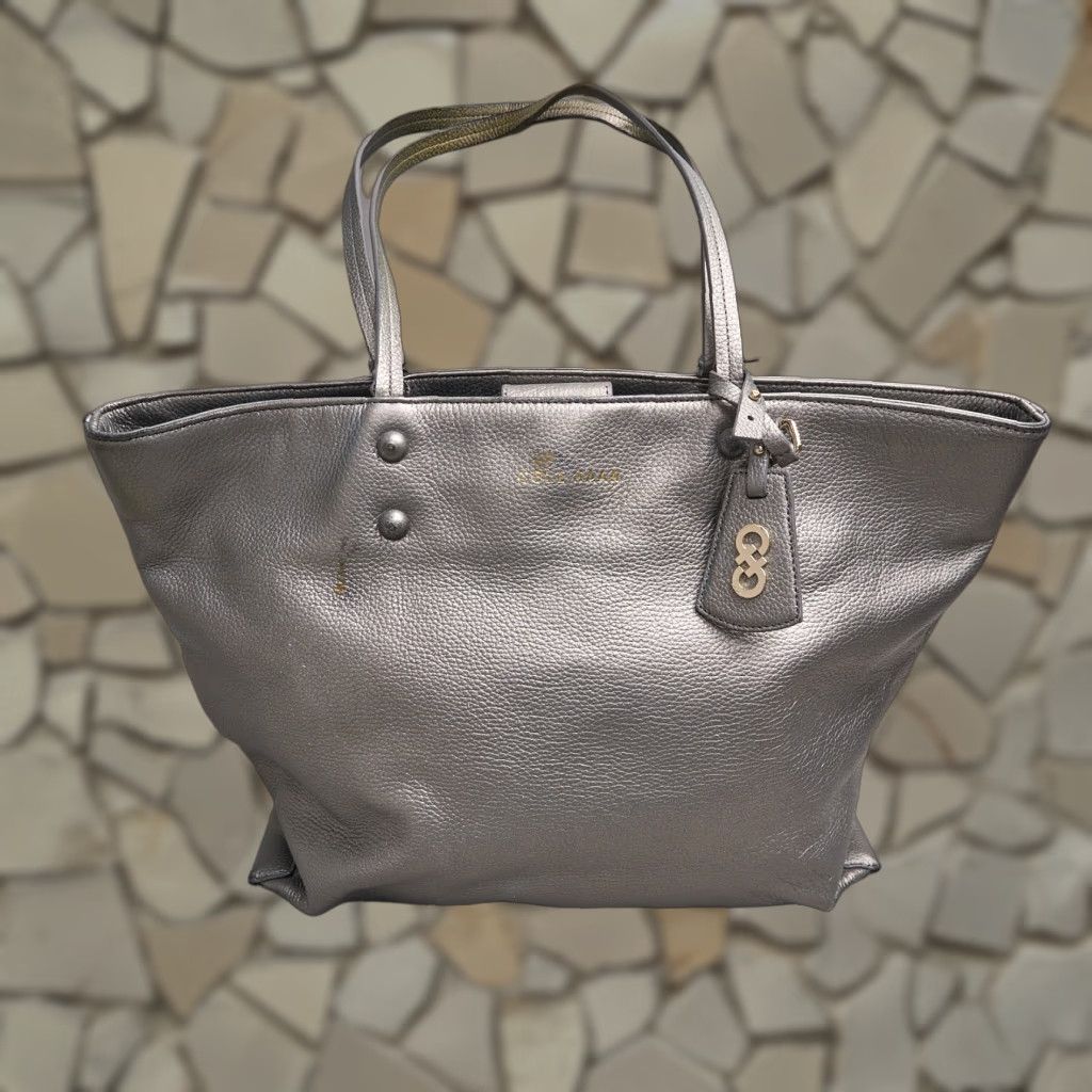 Cole Haan Leather Shoulder Bag Large Metallic Gray Pebbled Tote For Women 13X11X5