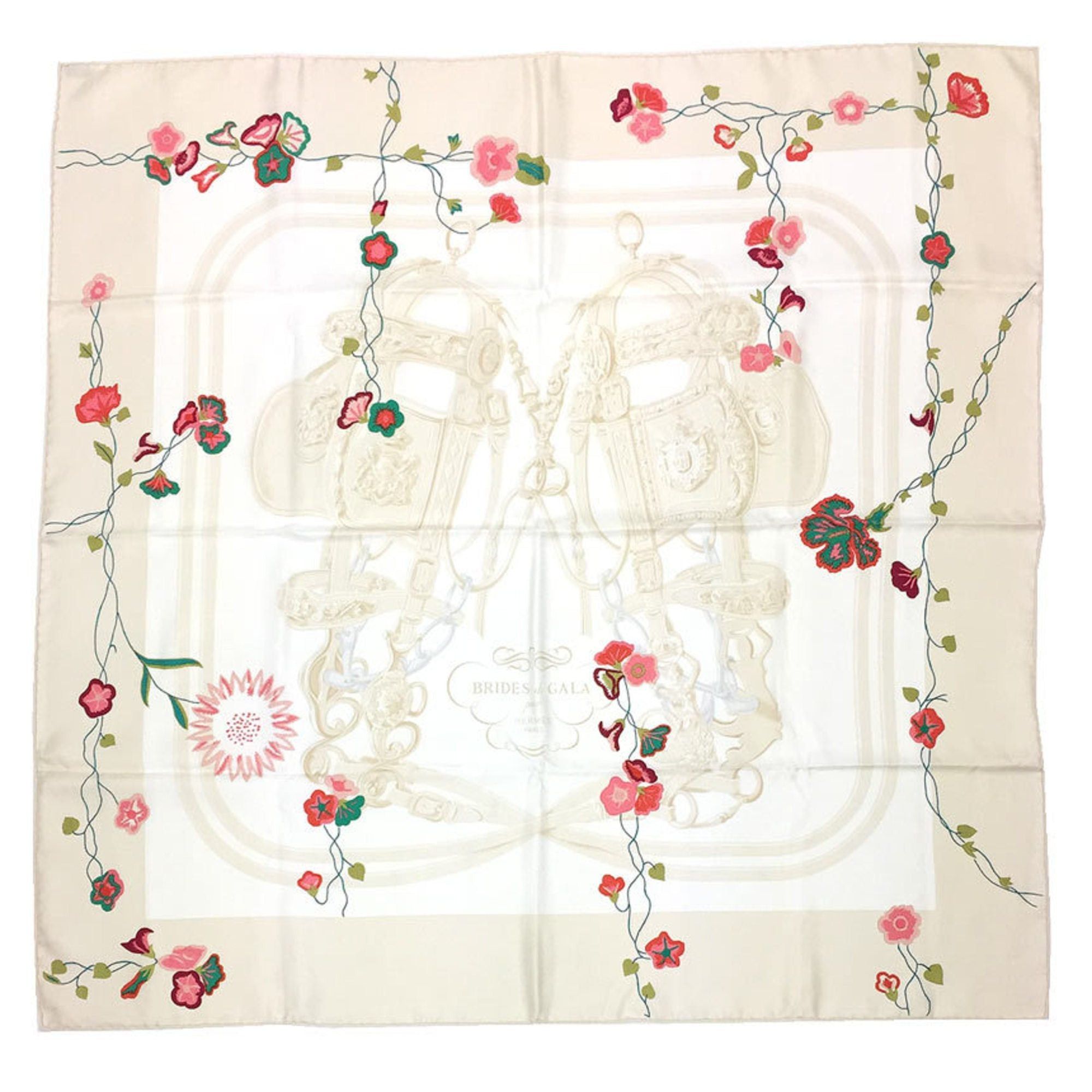 image of Hermes Scarf Muffler Carre 90 Brides De Gala Par Flower Embroidery Print Ivory in White, Women's