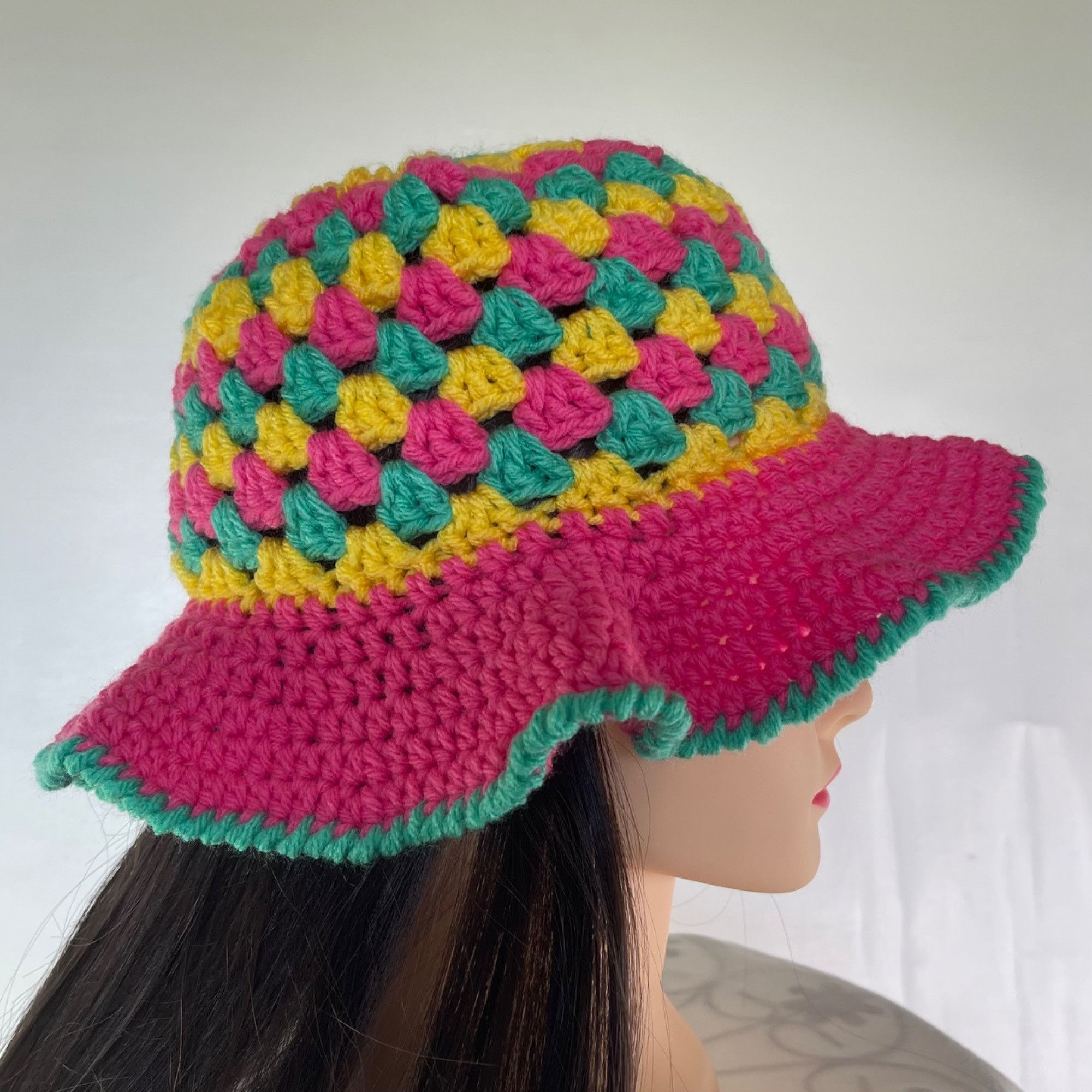 Handmade Crochet Bucket Hat Granny Square Pattern Pink Green Yellow A Size ONE SIZE - 2 Thumbnail