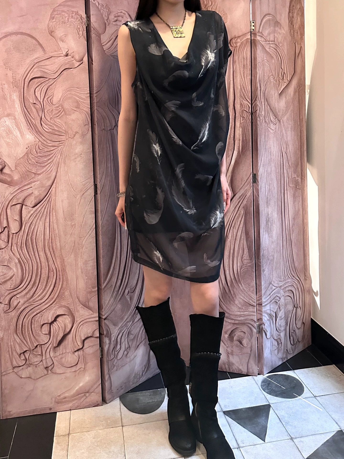 Other UK Brand Dbl Feather Print Irr Sw Neck Vtg Dress Size M / US 6-8 / IT 42-44 - 2 Thumbnail