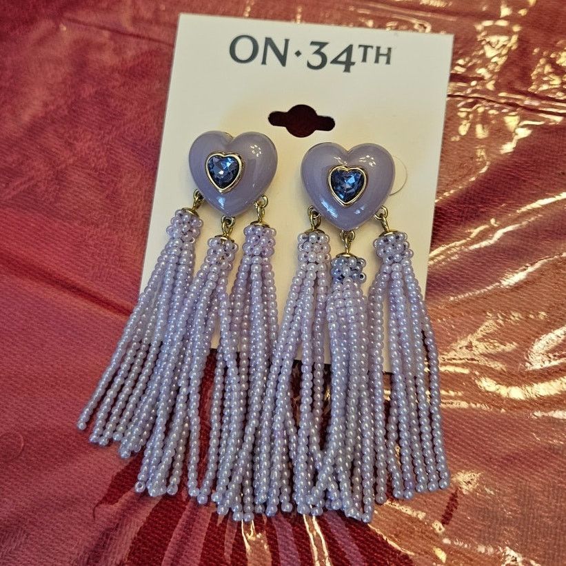 Other ON 34th Crystal Heart Earrings w/ Purple Beaded Fringe Size ONE SIZE - 2 Thumbnail