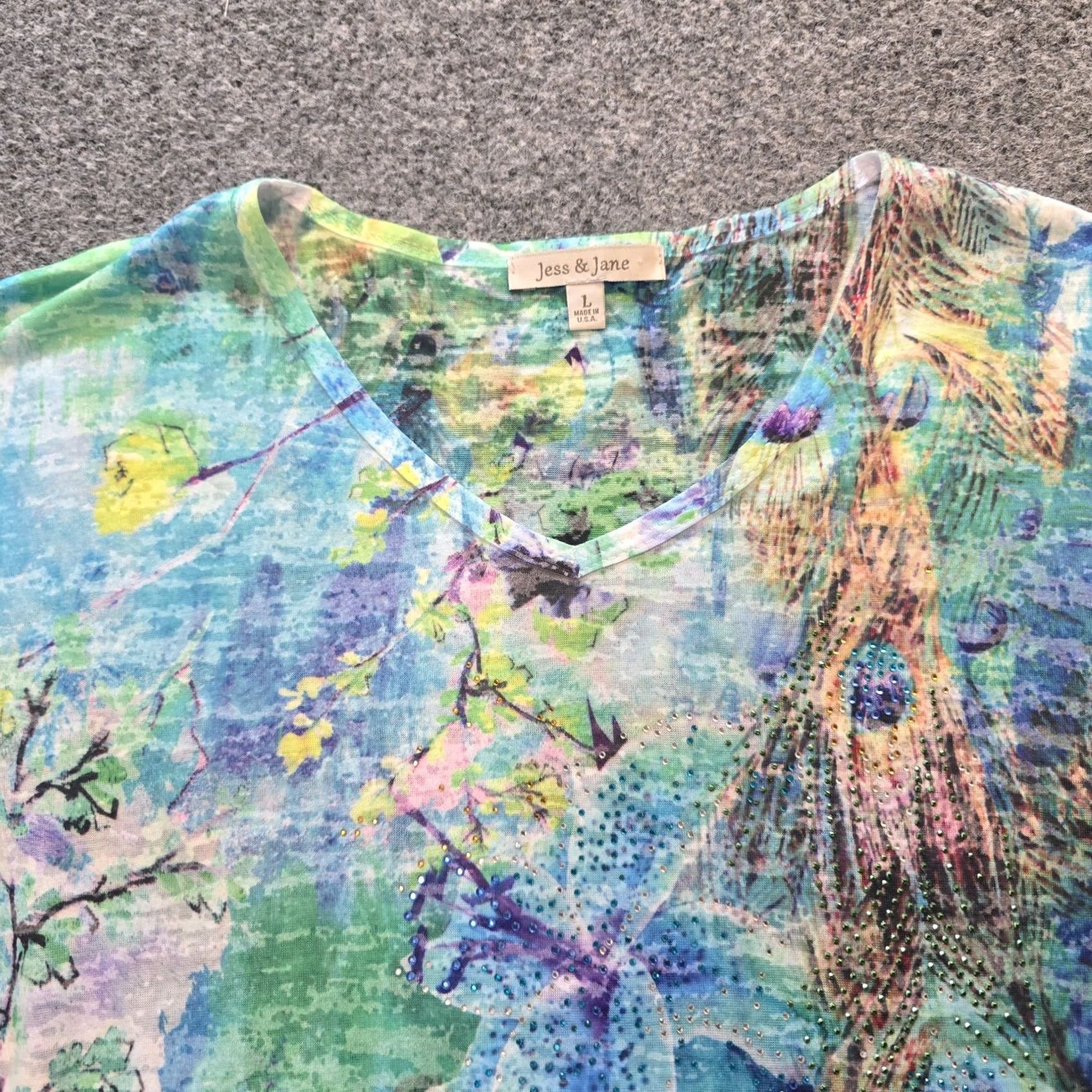 Vintage Jess Jane Top Womens Size Medium Blue Abstract Artsy Rhinestones Stretch Casual Shirt Size M / US 6-8 / IT 42-44 - 2 Thumbnail