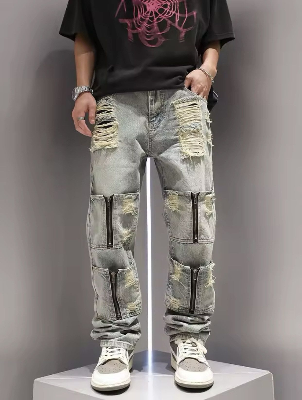Japanese Brand × Vintage New Multi Zipper Pocket Washed and Perforated Jeans Size US 27 - 1 Thumbnail