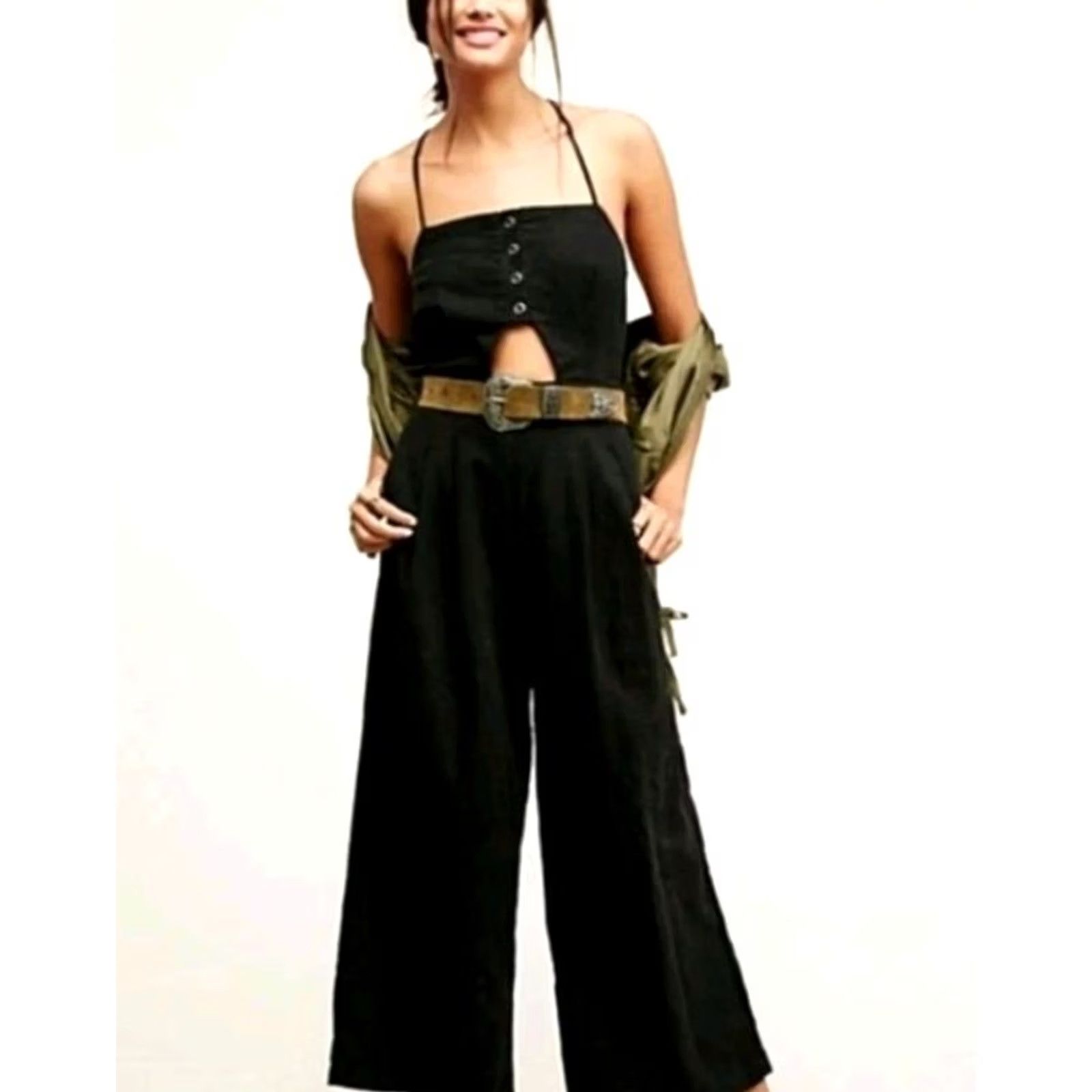 Free People VINTAGE? No — Free People Marbella Black Linen Wide Leg Jumpsuit L Womens Bohemian Beach Festival Summer Size 36" / US 14 / IT 50 - 2 Thumbnail