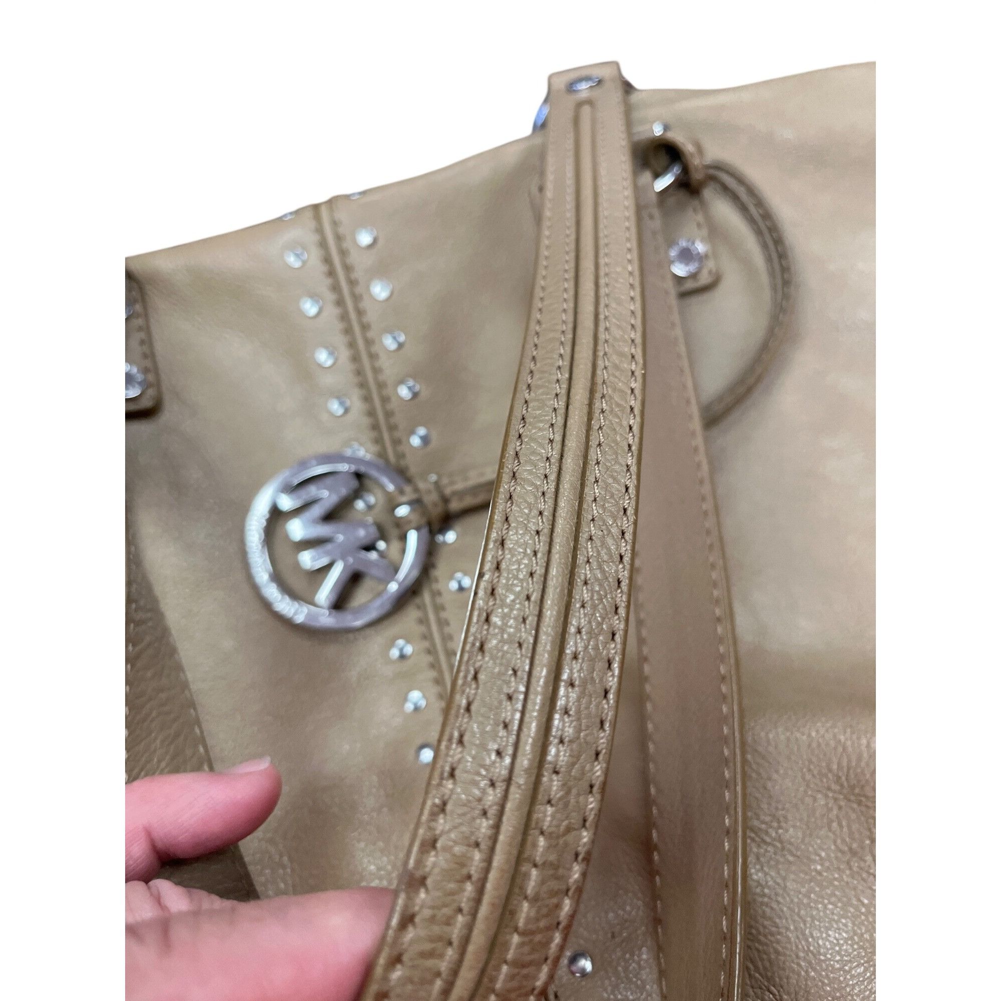 Michael Kors Michael Kors wms taupe tan leather studded hobo tote bag SKU Size ONE SIZE - 7 Thumbnail