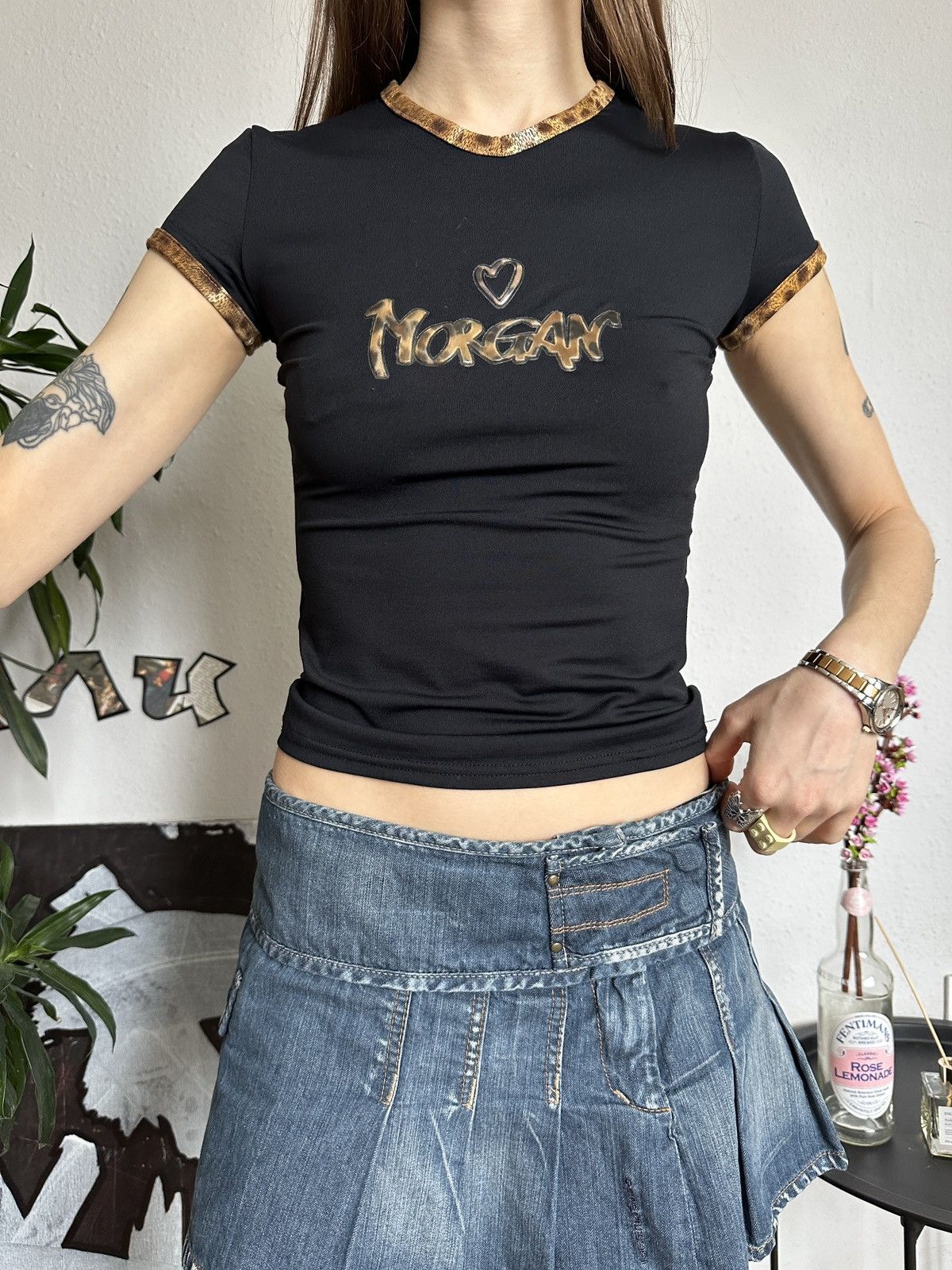 Japanese Brand × Morgan Homme Vintage Morgan De Toi Leopard Logo Baby Tee Top Size XS / US 0-2 / IT 36-38 - 1 Thumbnail