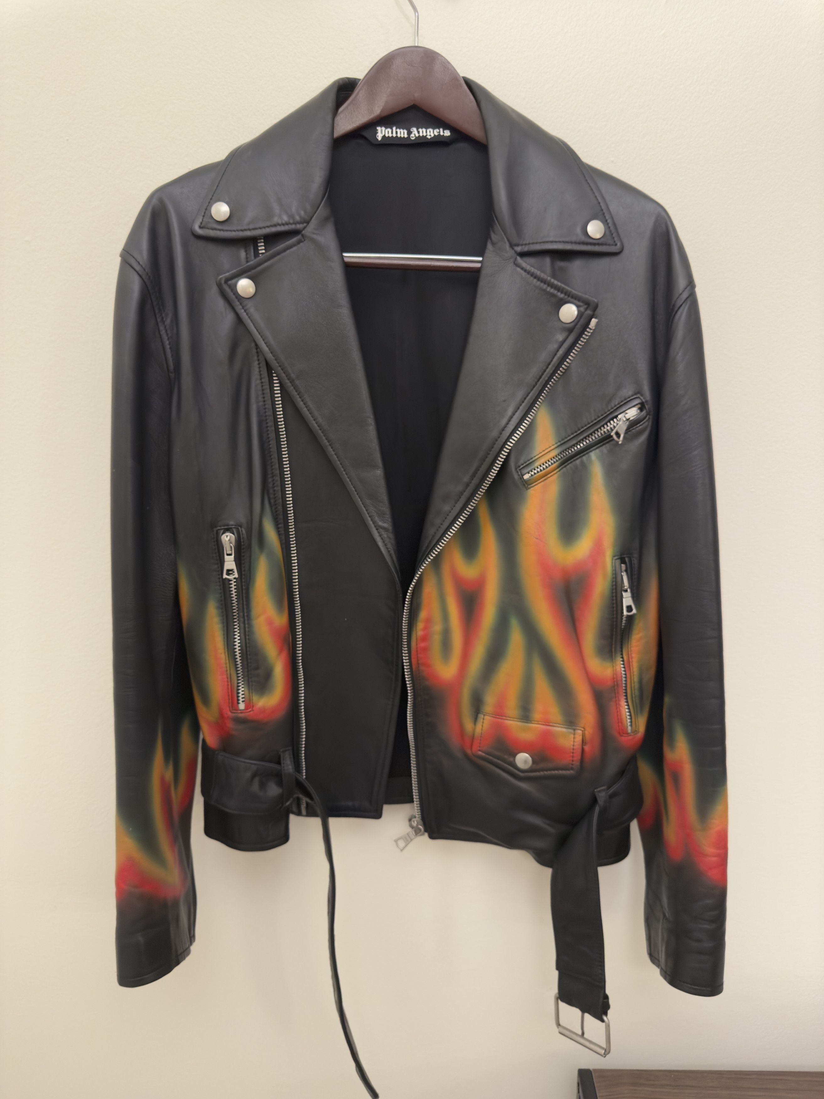 Palm AngelsパームエンジェルスBurning Flamesレザージャケット Palm Angels Burning Perfecto Leather Bomber Jacket