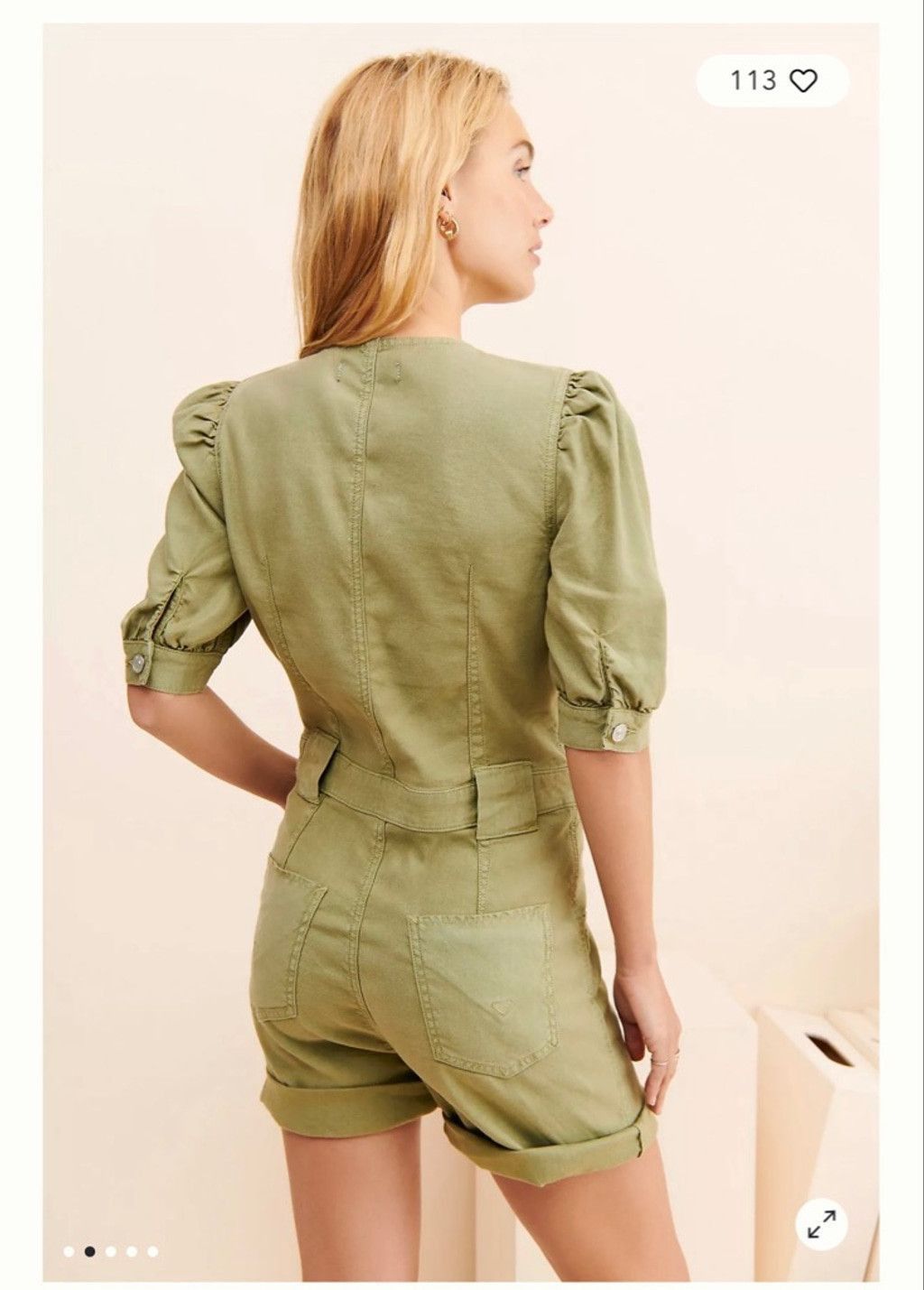 Hudson Women's Hudson Green Puff Sleeve Utility Romper M Size 33" - 3 Thumbnail
