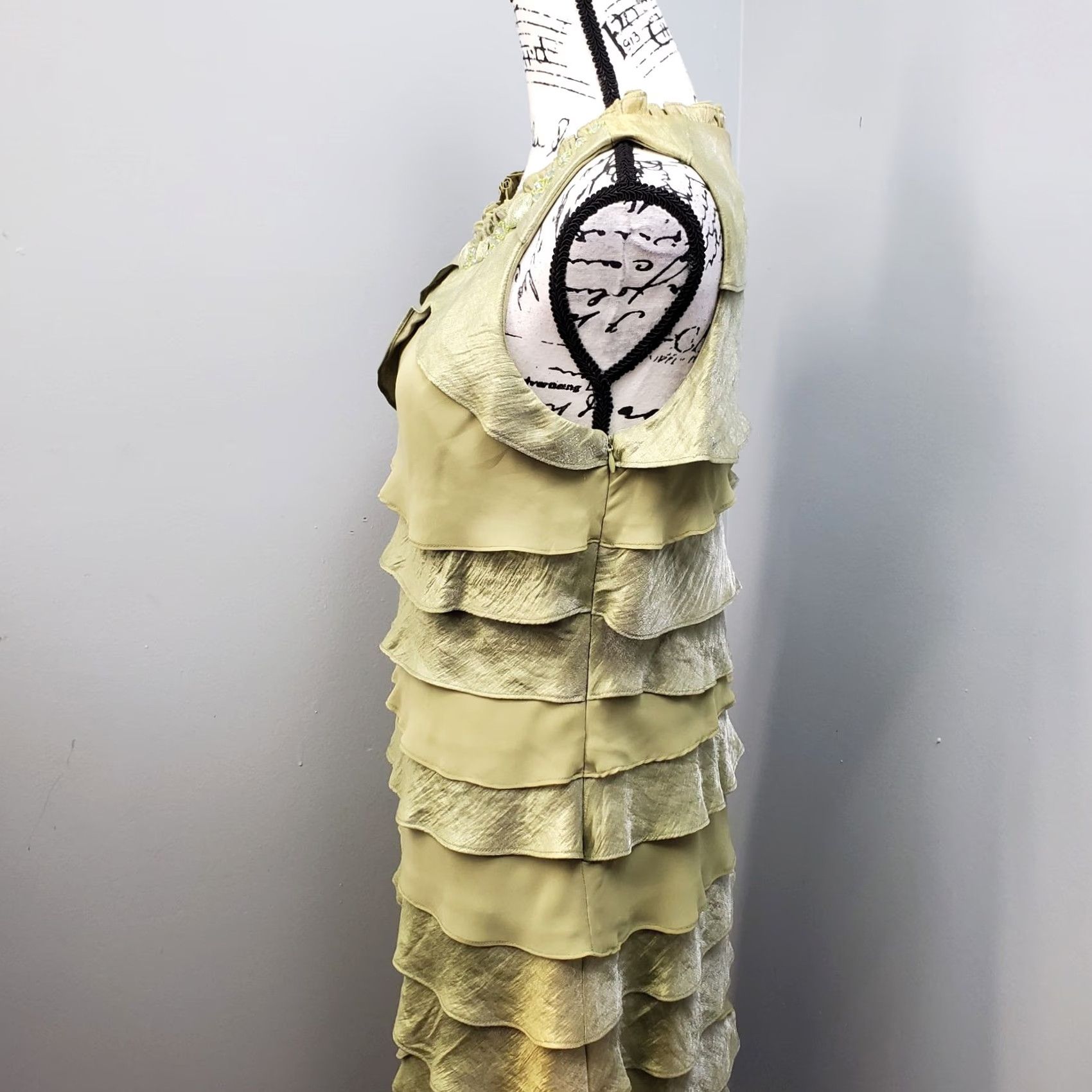 Vintage S.L. Fashions Tiered Dress Womens 14 Green Ruffle Embellished Jewel Neck Detail Dress Size XL / US 12-14 / IT 48-50 - 5 Thumbnail
